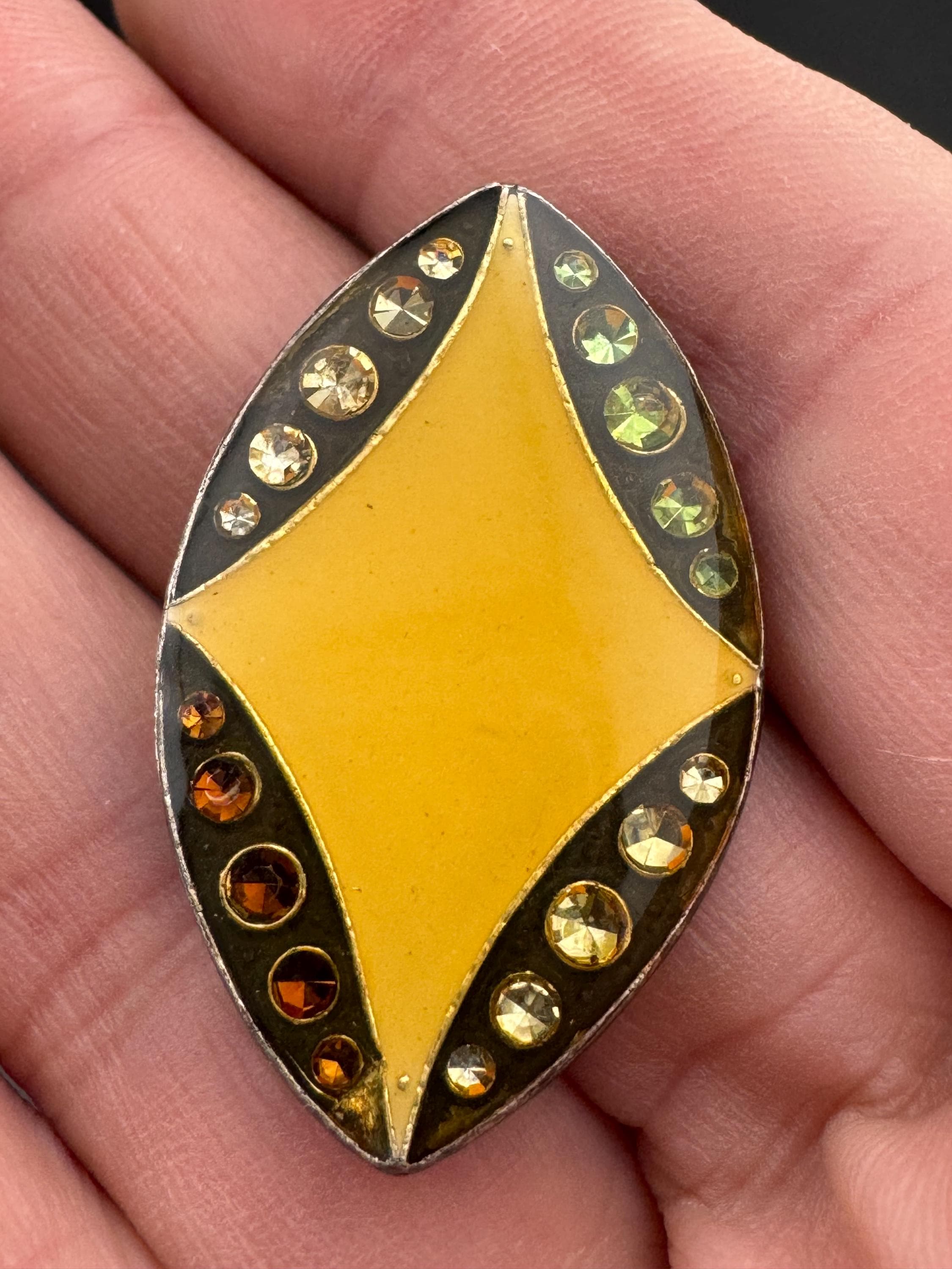 Vintage Art Deco Brooch: Mustard Yellow Enamel, Diamanté, Silver Tone