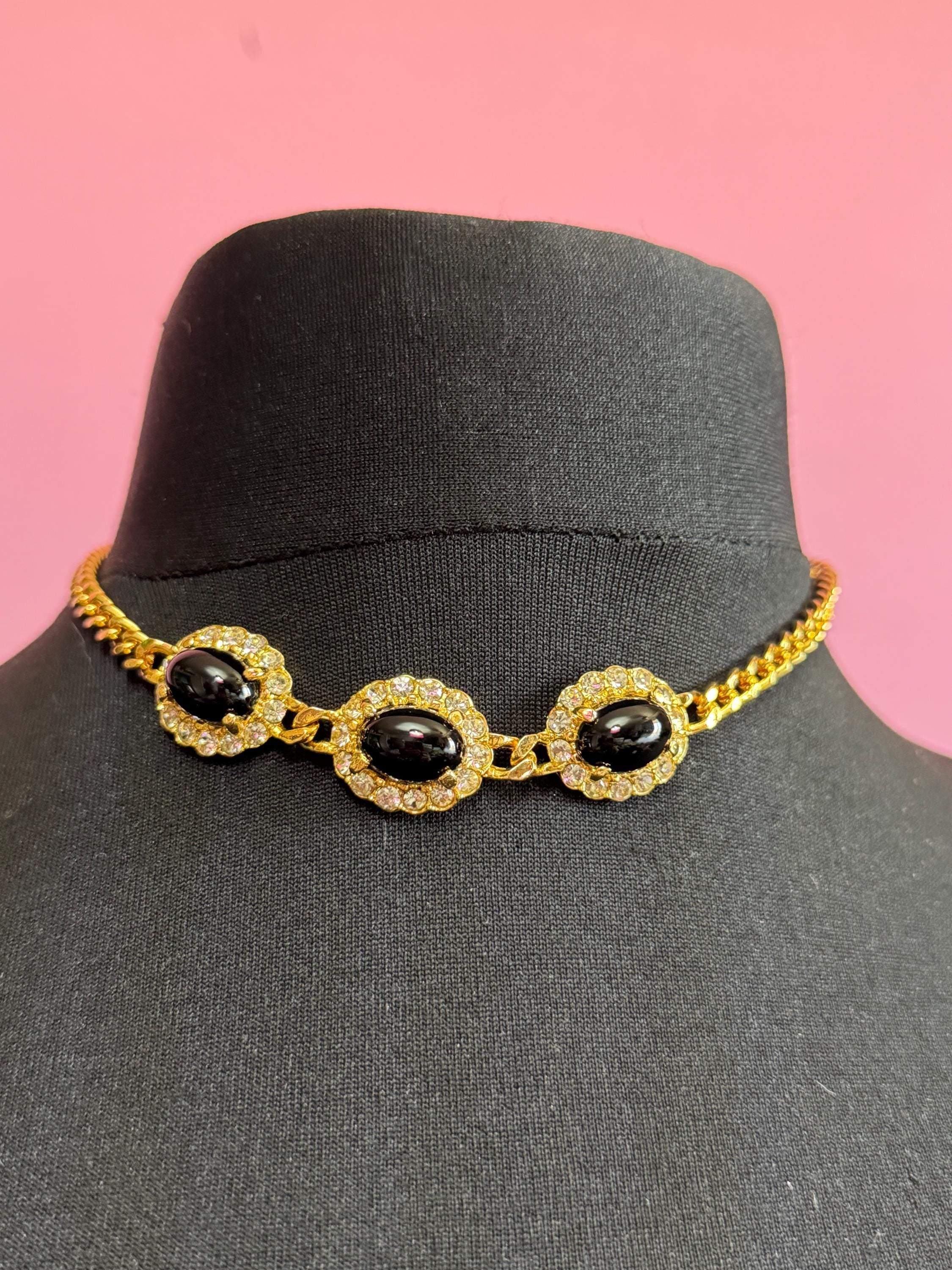 Gold Tone curb chain link Choker necklace with 3 black oval cabochons 41cm old shop stock vintage Swarovski crystals