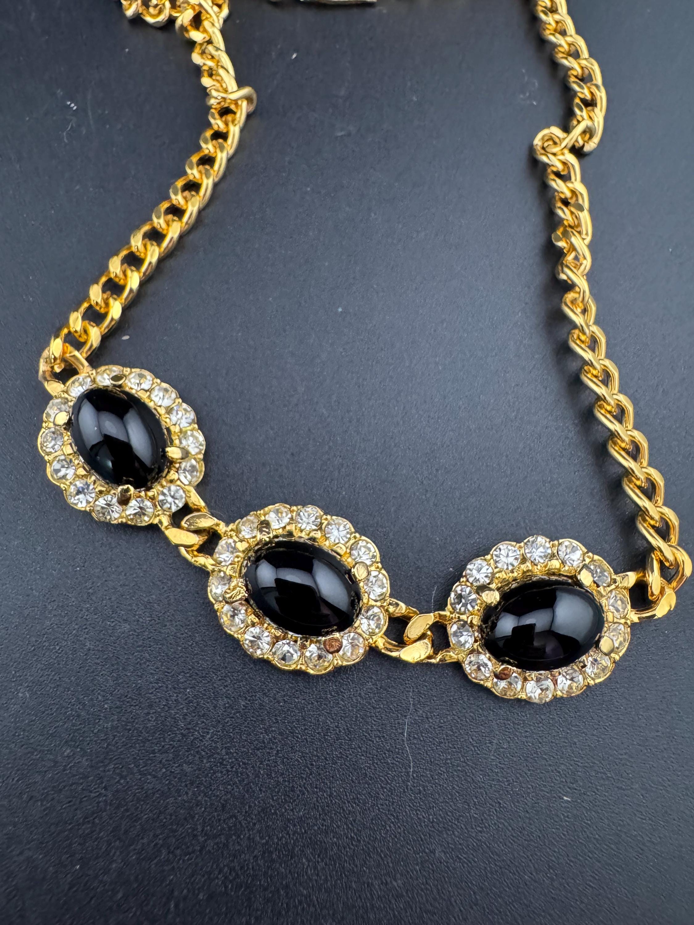 Gold Tone curb chain link Choker necklace with 3 black oval cabochons 41cm old shop stock vintage Swarovski crystals