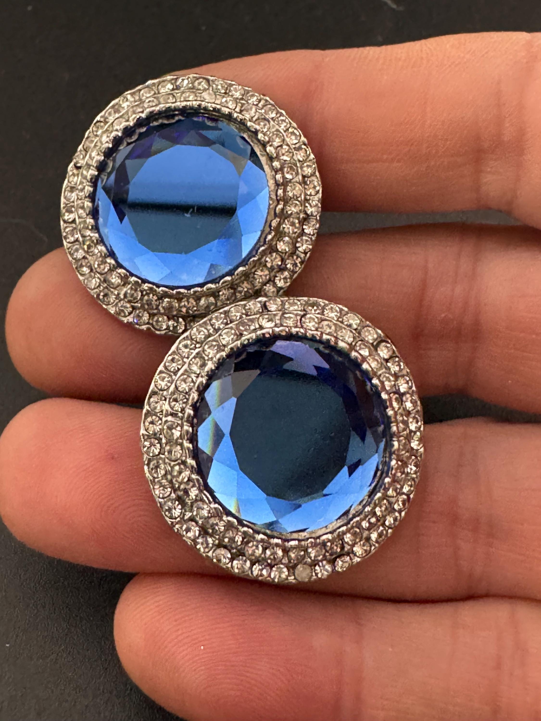 2.5cm Vintage silver tone blue sapphire glass diamanté paste pair of round stud clip on earrings