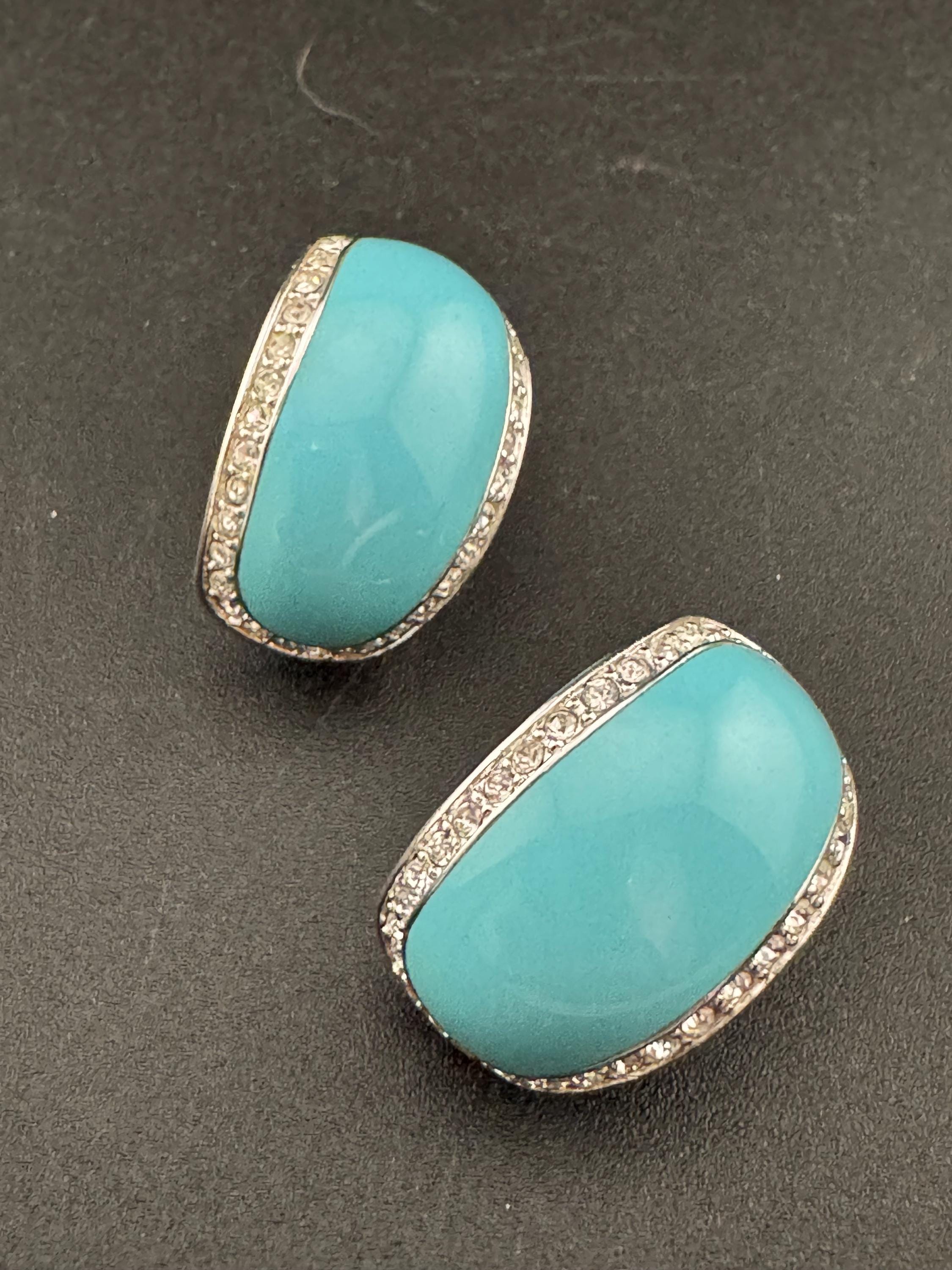 2cm clear and turquoise blue enamel crystal half hoop clip on earrings 1980s, vintage