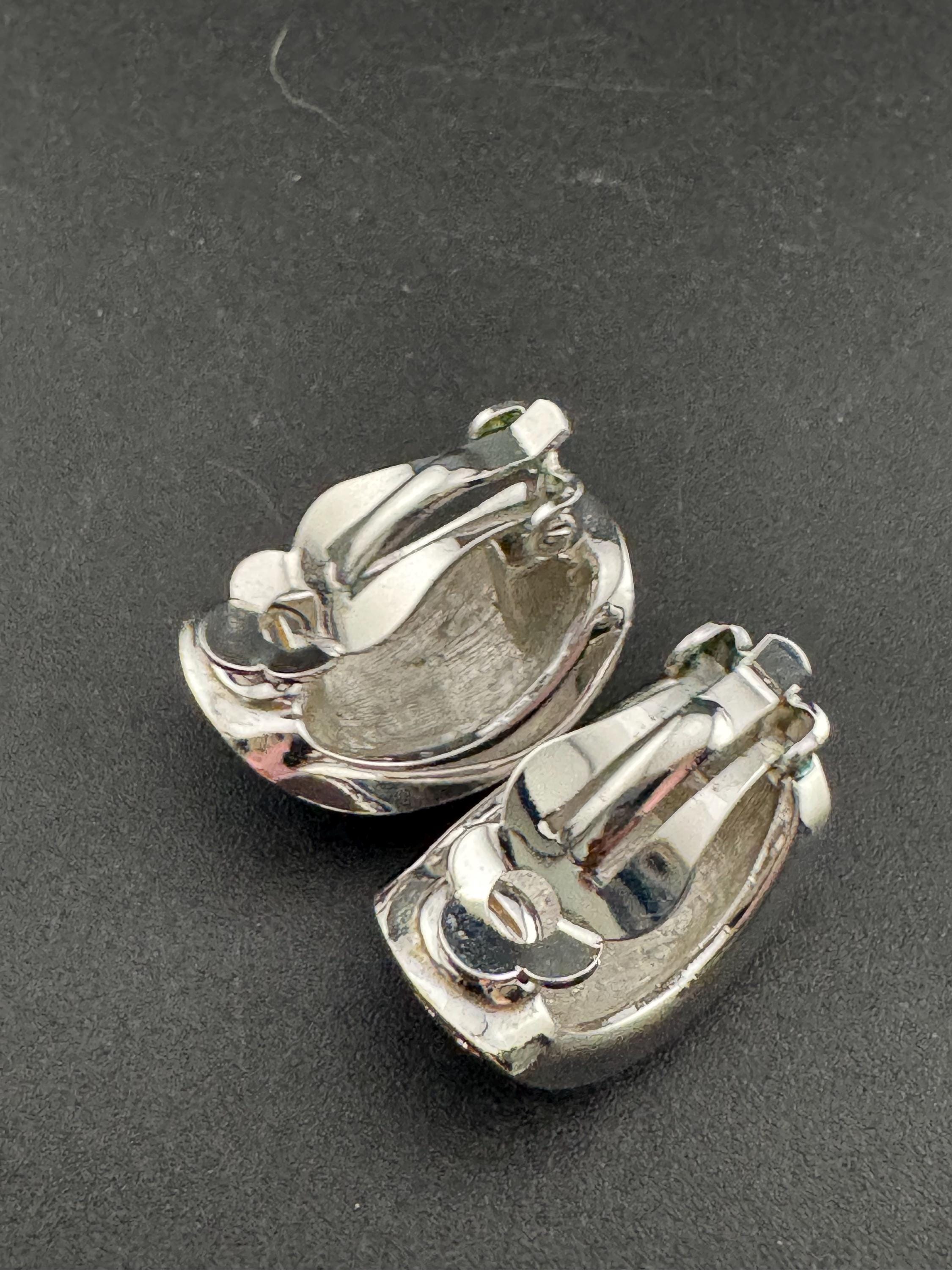 2cm clear and turquoise blue enamel crystal half hoop clip on earrings 1980s, vintage