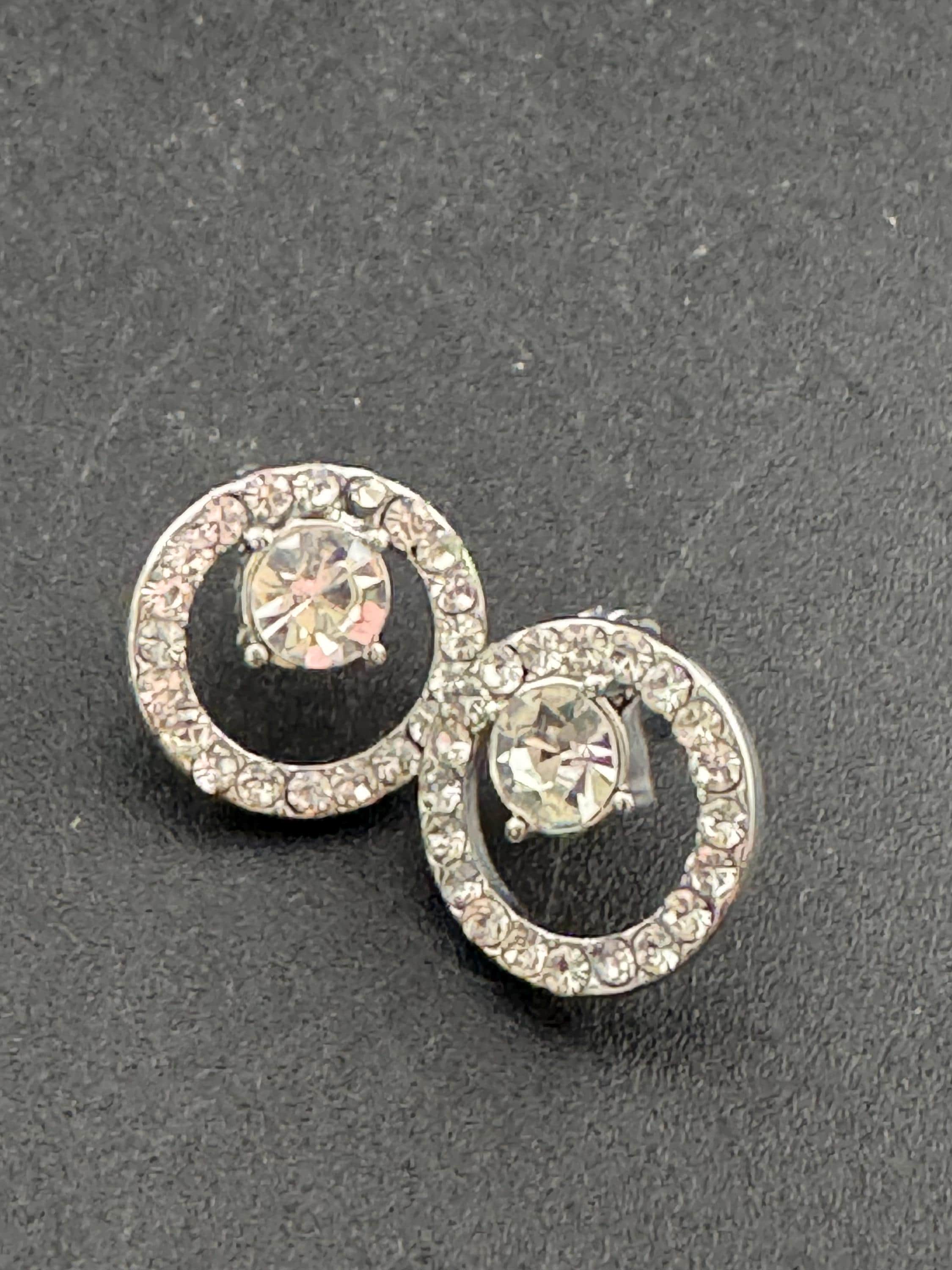 Vintage silver tone clear diamanté paste round stud earrings for pierced ears