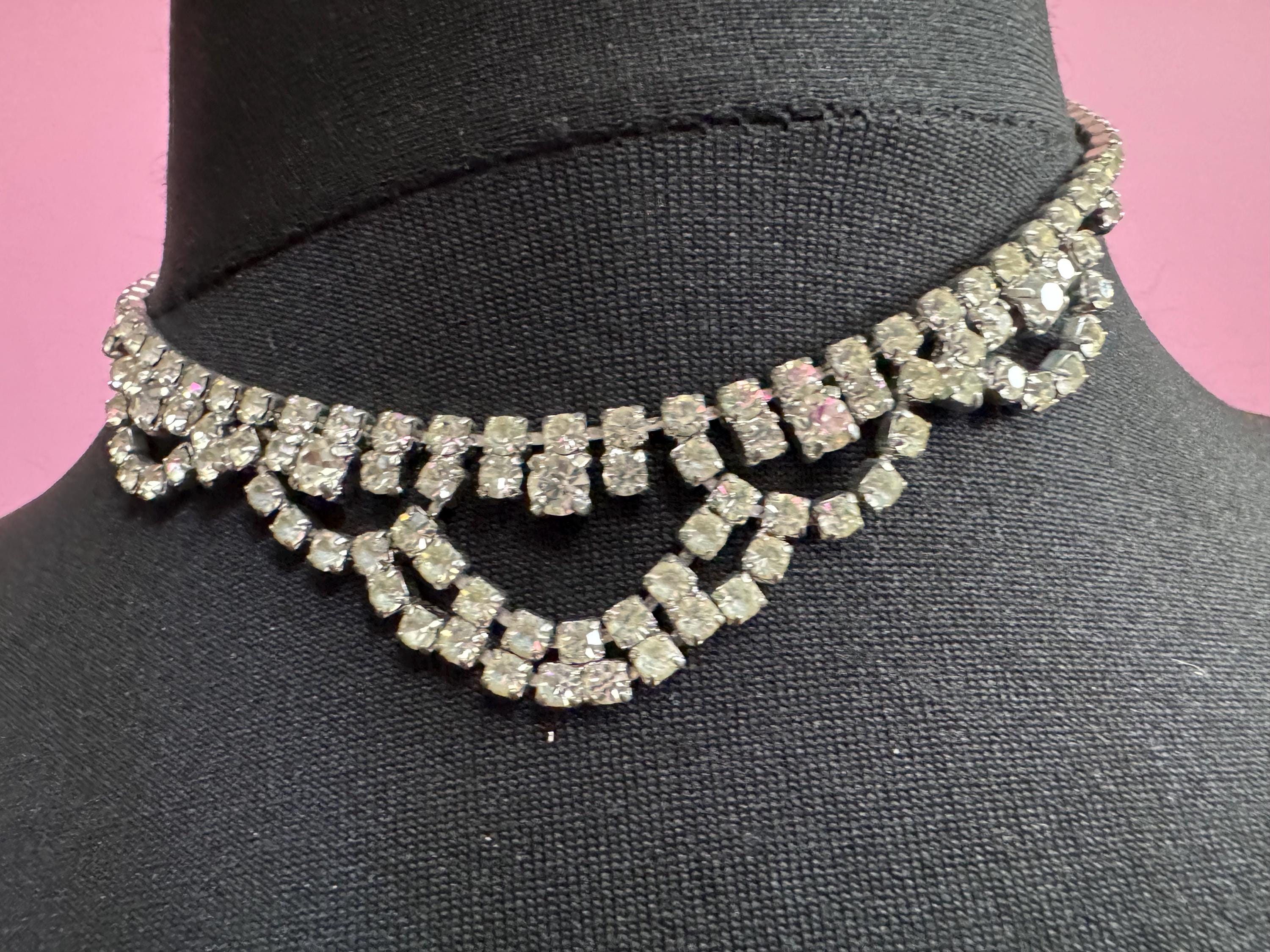 Slim neck petite 39cm Vintage clear diamanté rhinestone crystal silver tone choker necklace mid century
