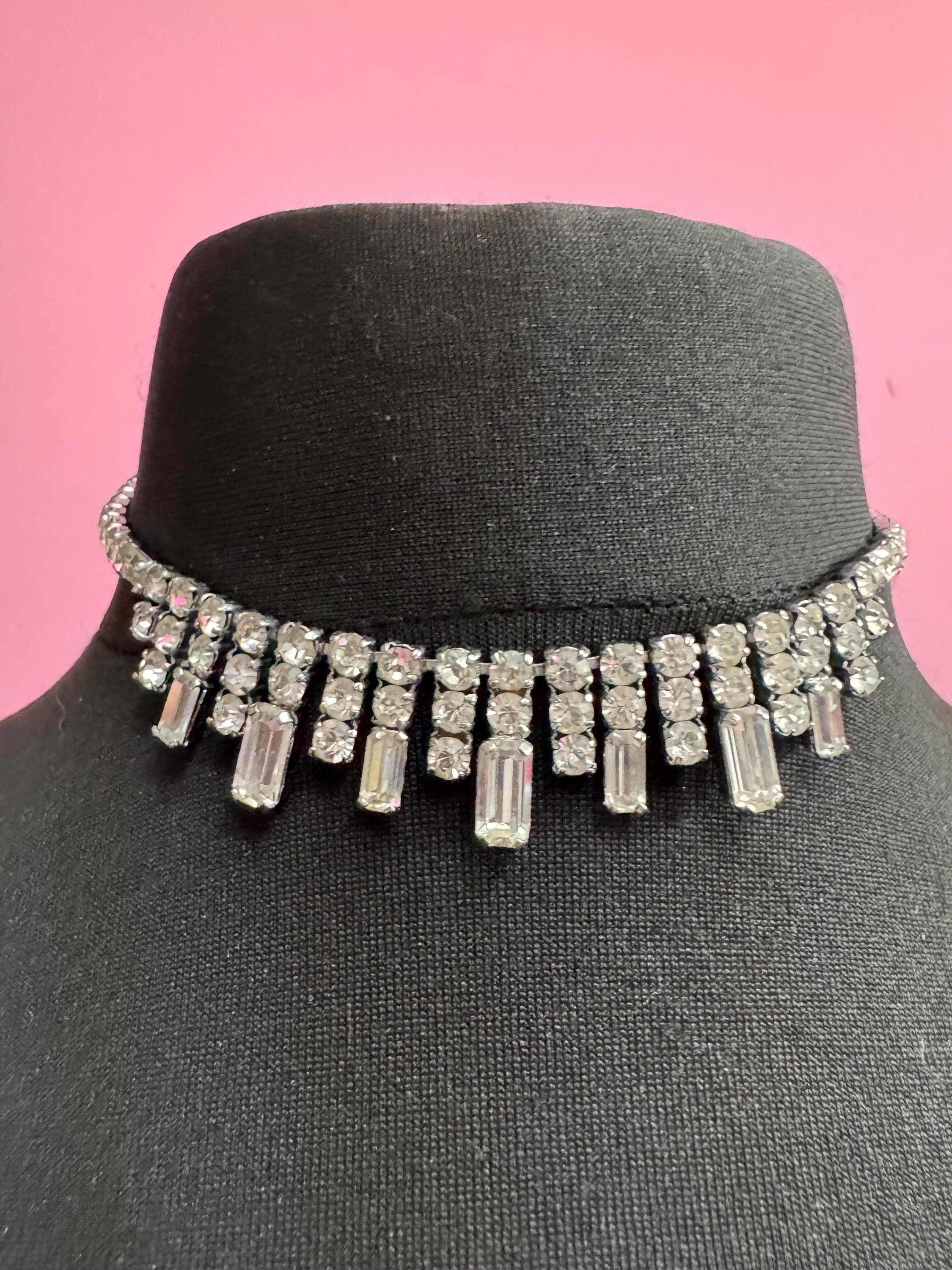 Slim neck petite 39cm Vintage clear sparkly diamanté baguette rhinestone crystal silver tone choker necklace mid century