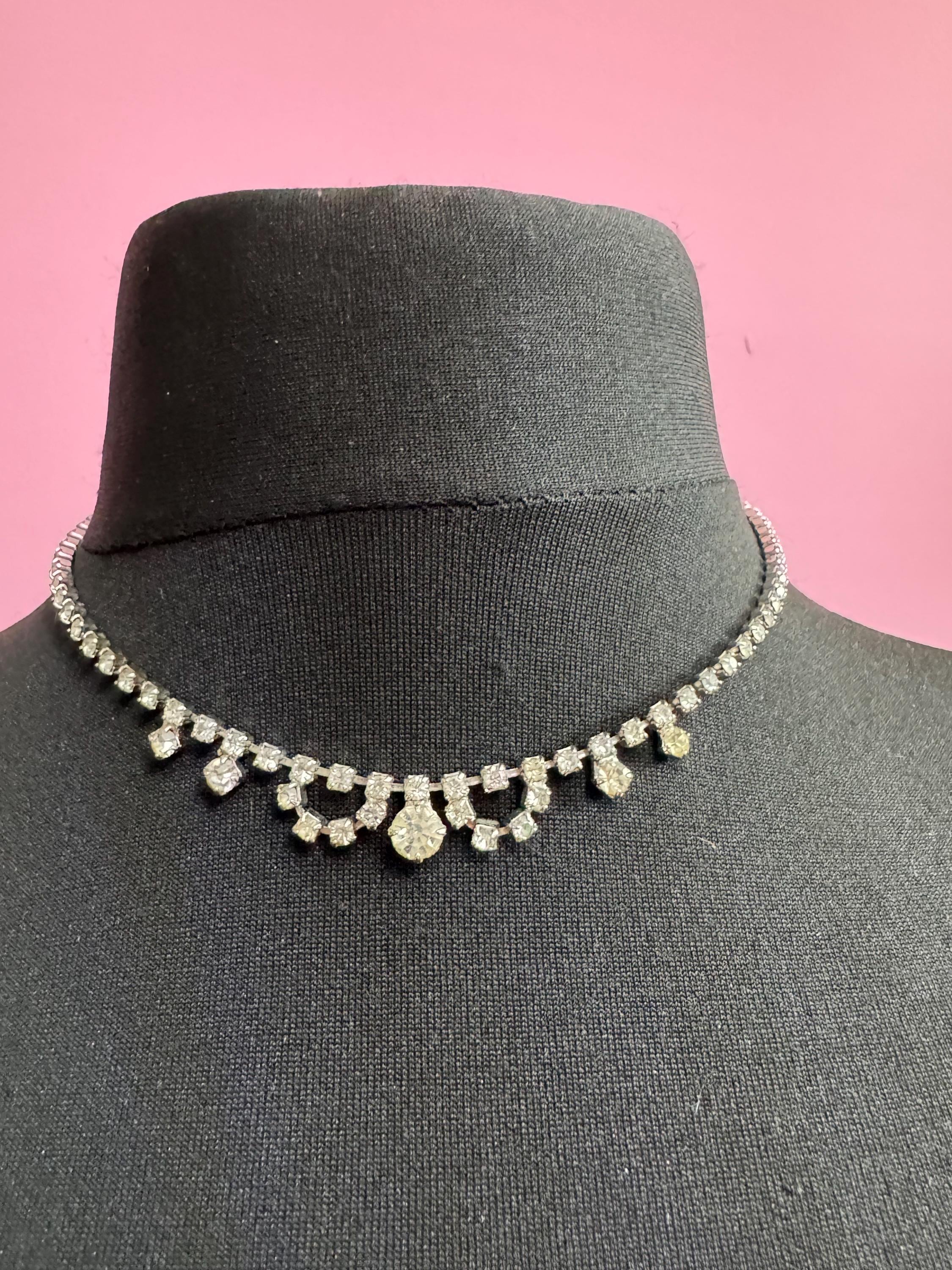 42cm Vintage clear diamanté sparkly rhinestone crystal silver tone choker necklace mid century