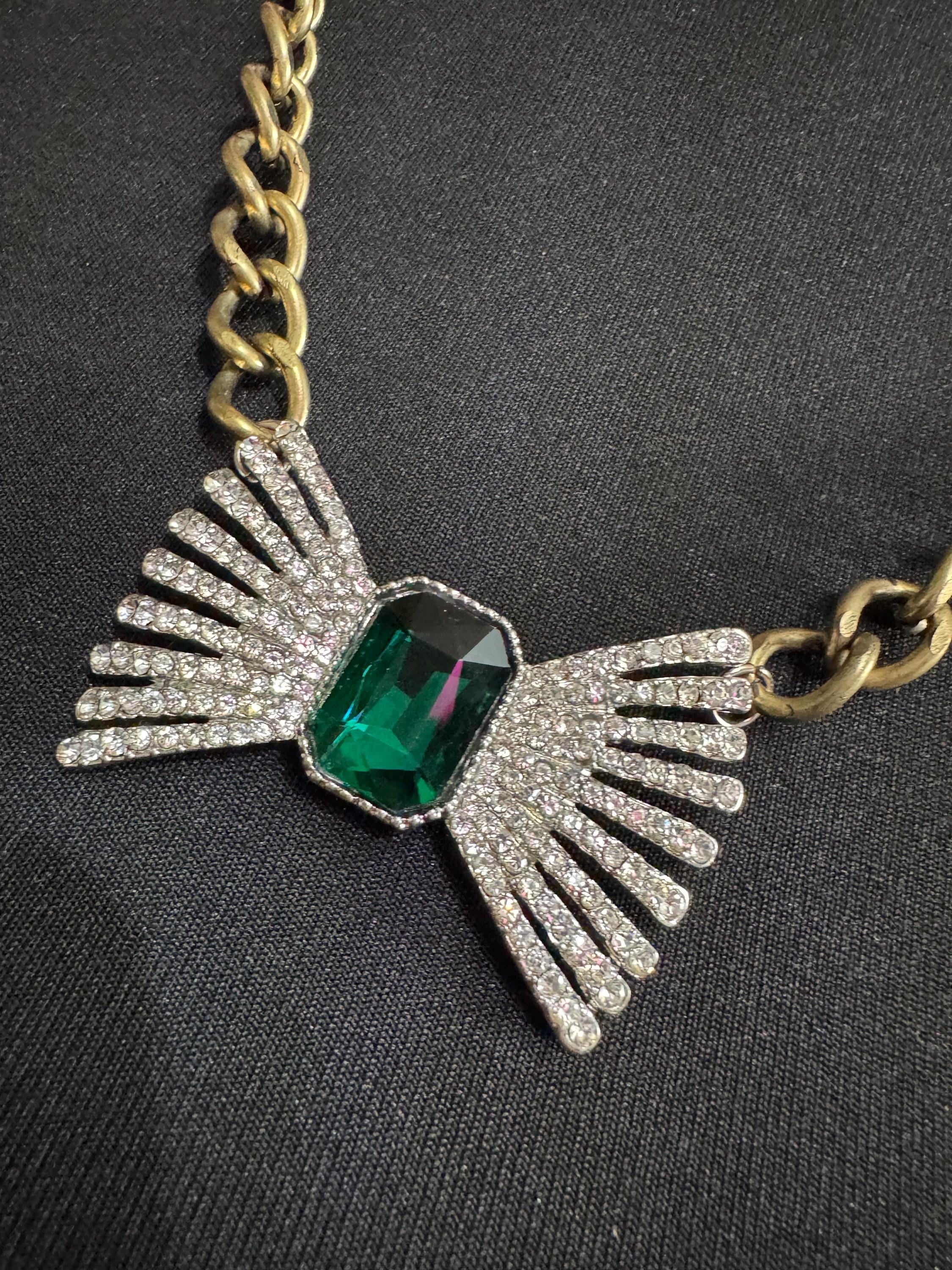 Retro Emerald green  and clear crystal weighty bow necklace on a antique gold chunky chain 63cm