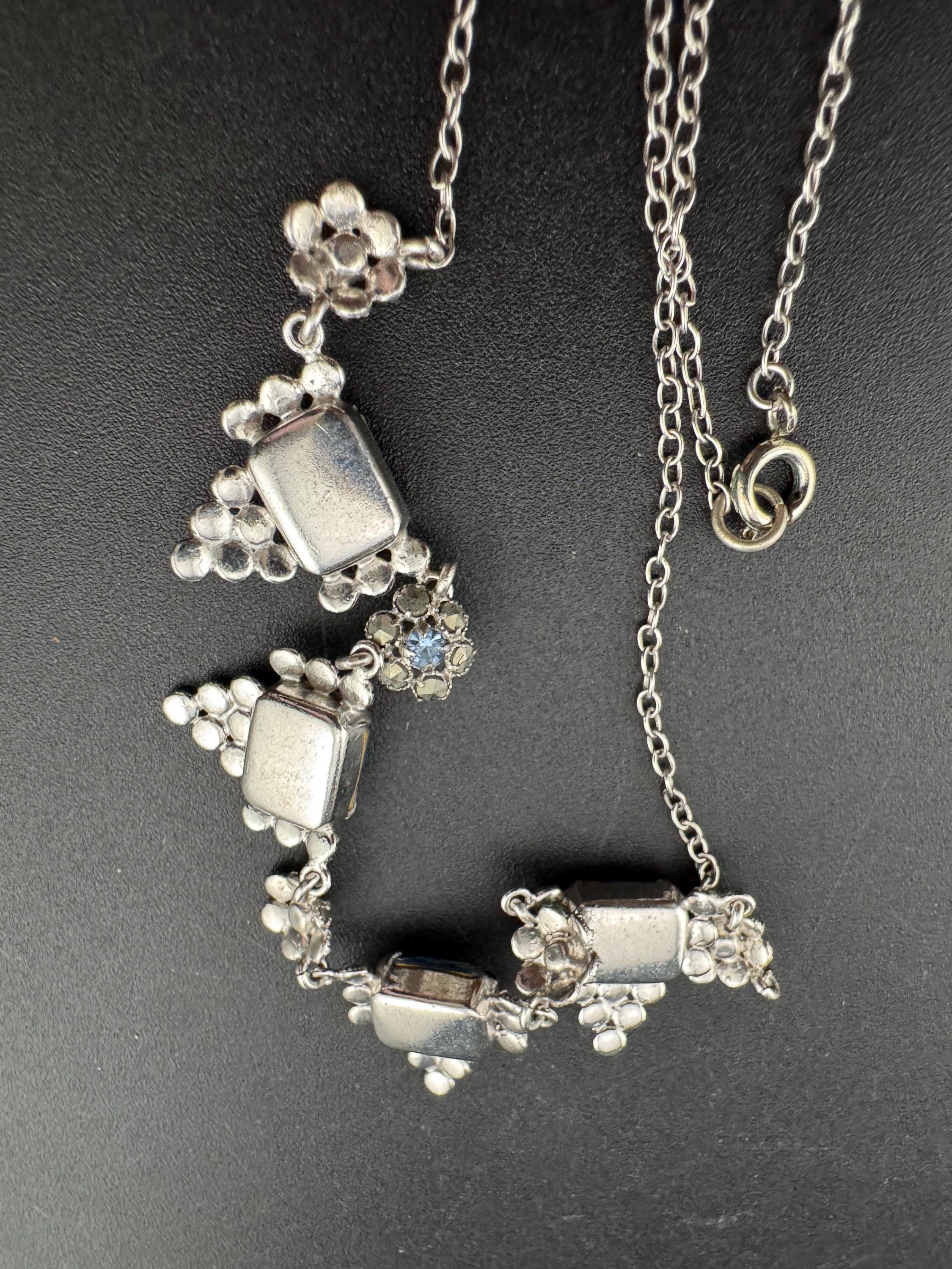 Art Deco Aquamarine Glass Collar Necklace: Chromed Marcasite, 1920s