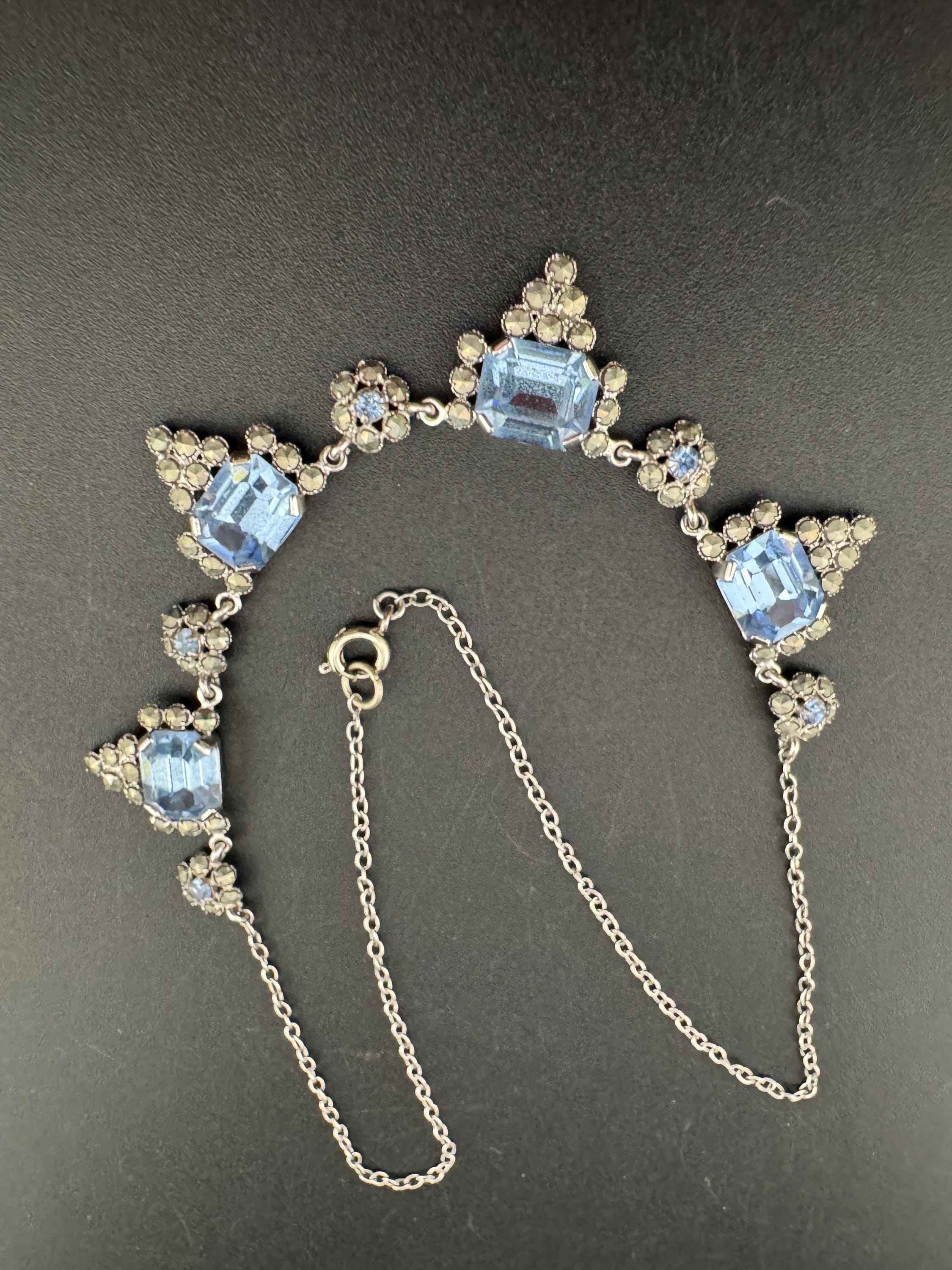 Art Deco Aquamarine Glass Collar Necklace: Chromed Marcasite, 1920s