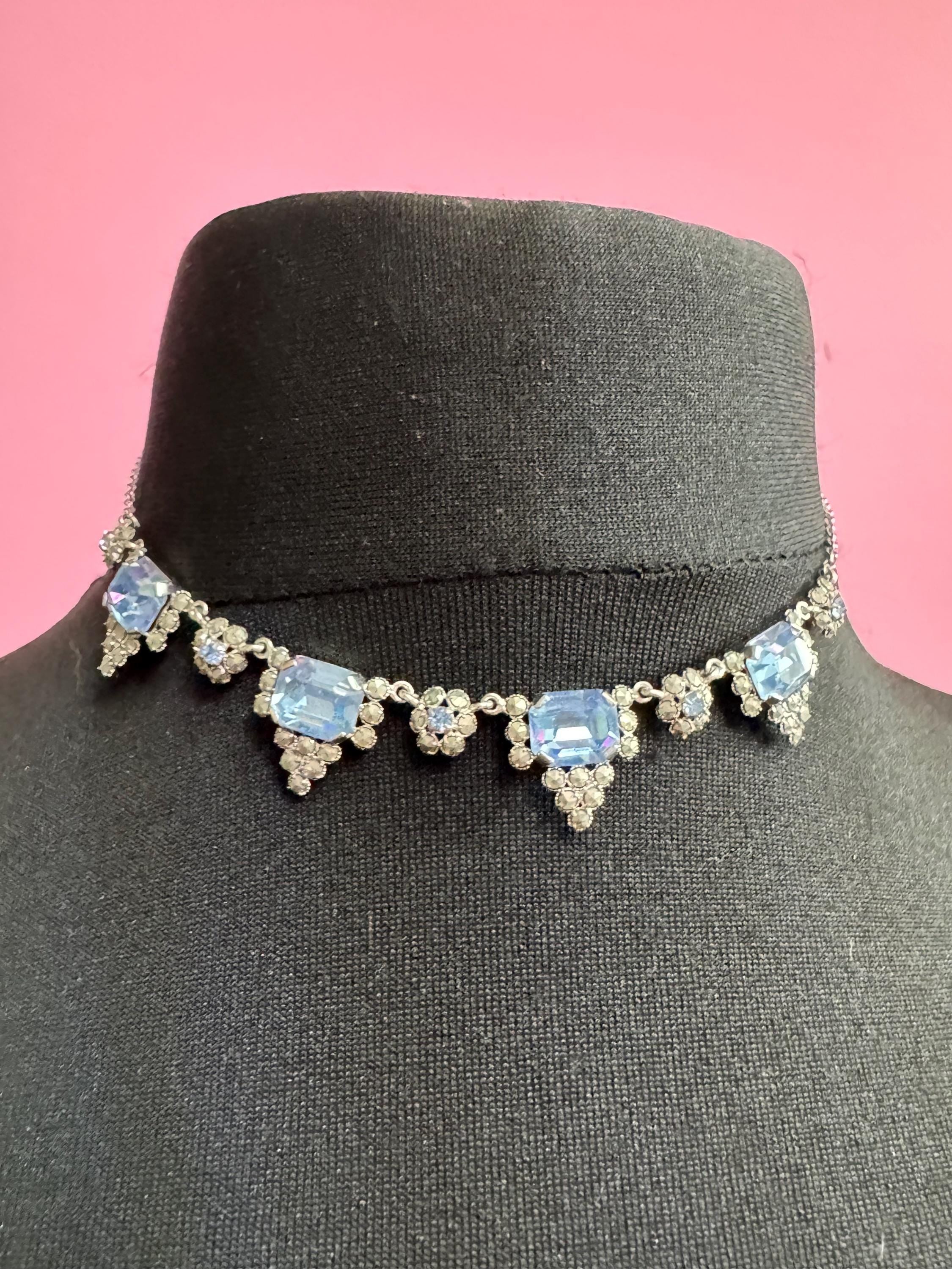 Art Deco Aquamarine Glass Collar Necklace: Chromed Marcasite, 1920s
