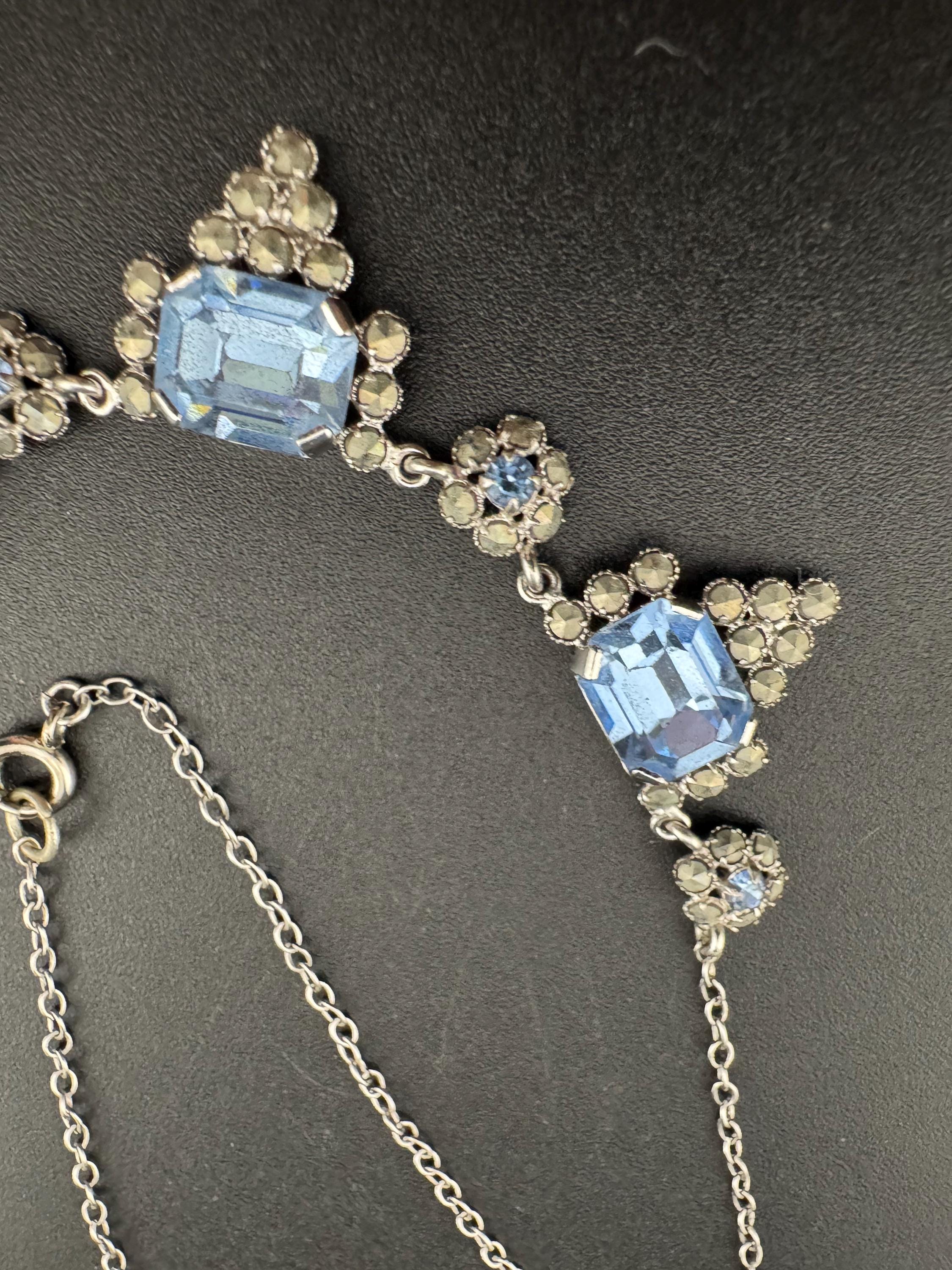 Art Deco Aquamarine Glass Collar Necklace: Chromed Marcasite, 1920s