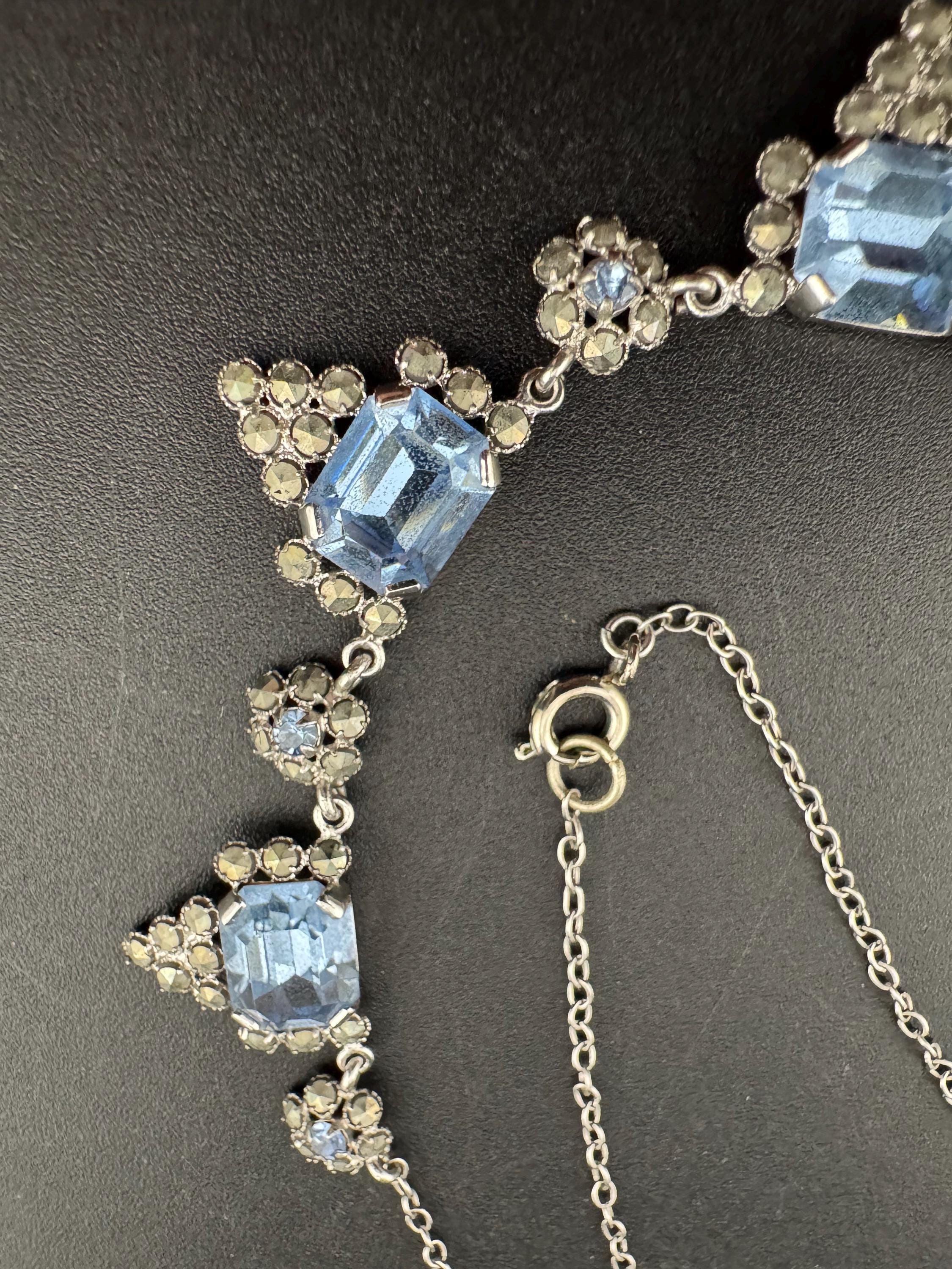 Art Deco Aquamarine Glass Collar Necklace: Chromed Marcasite, 1920s