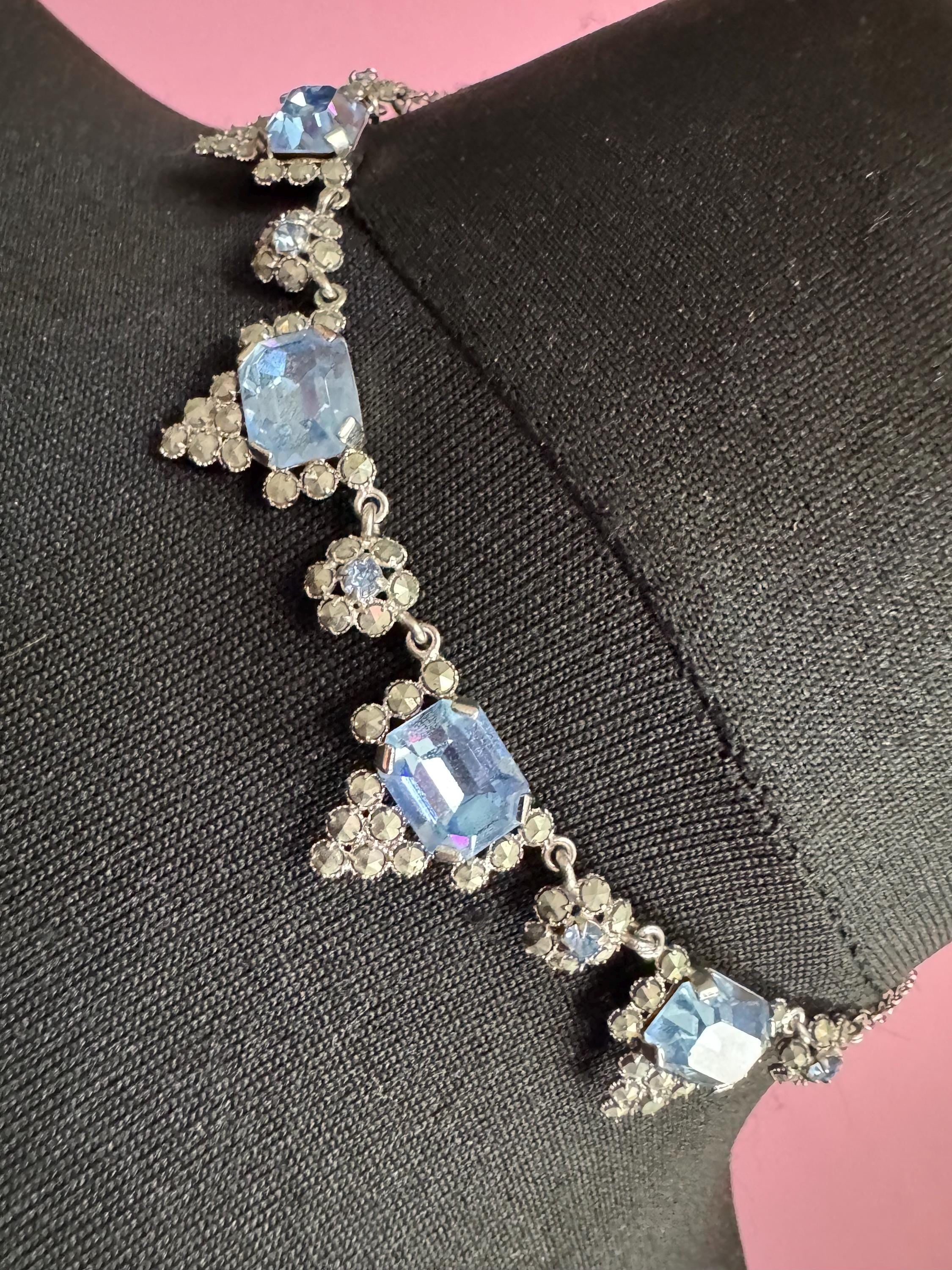 Art Deco Aquamarine Glass Collar Necklace: Chromed Marcasite, 1920s