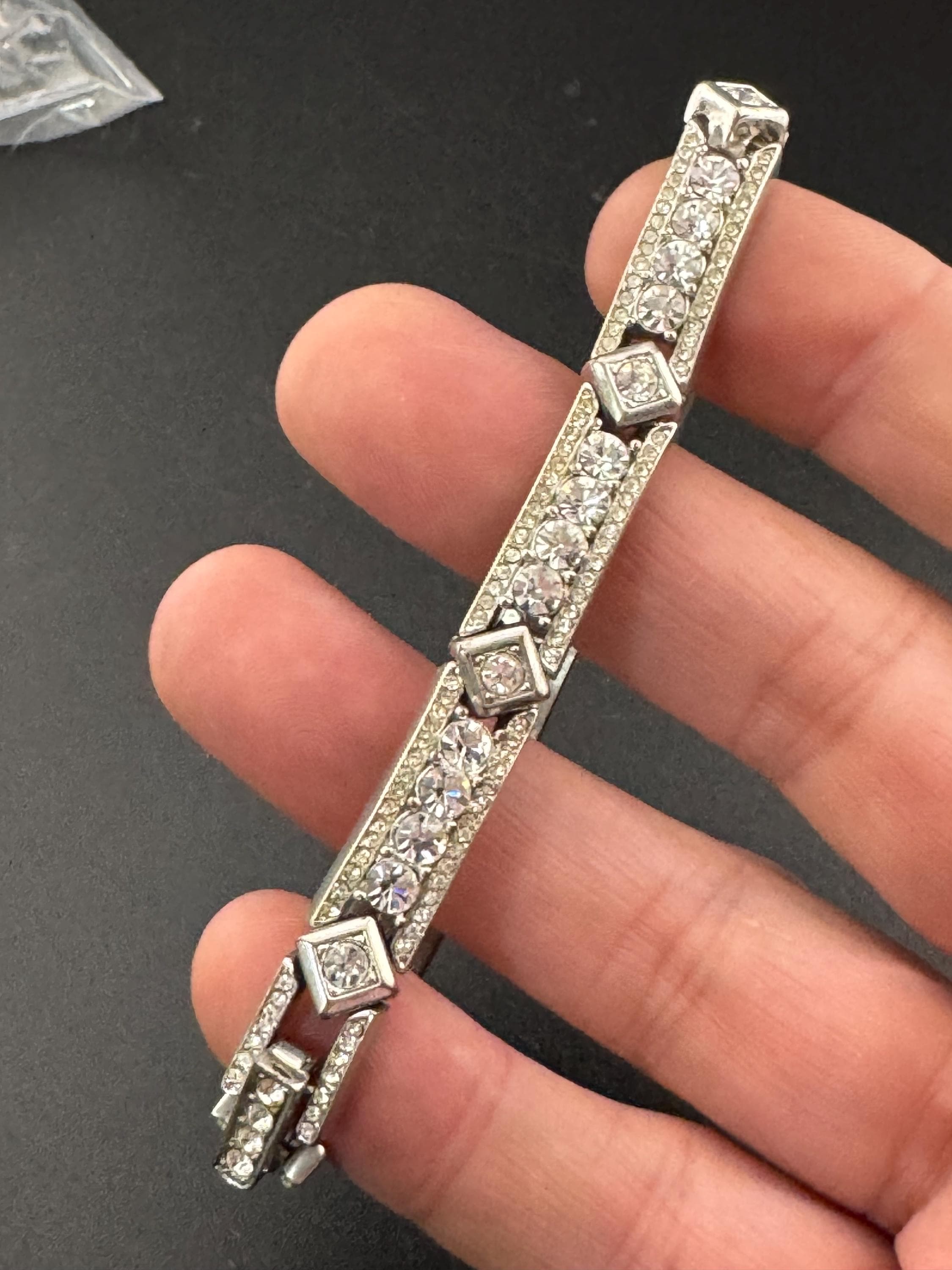 Vintage clear diamanté Crystal geometric art deco style panel link silver tone tennis bracelet