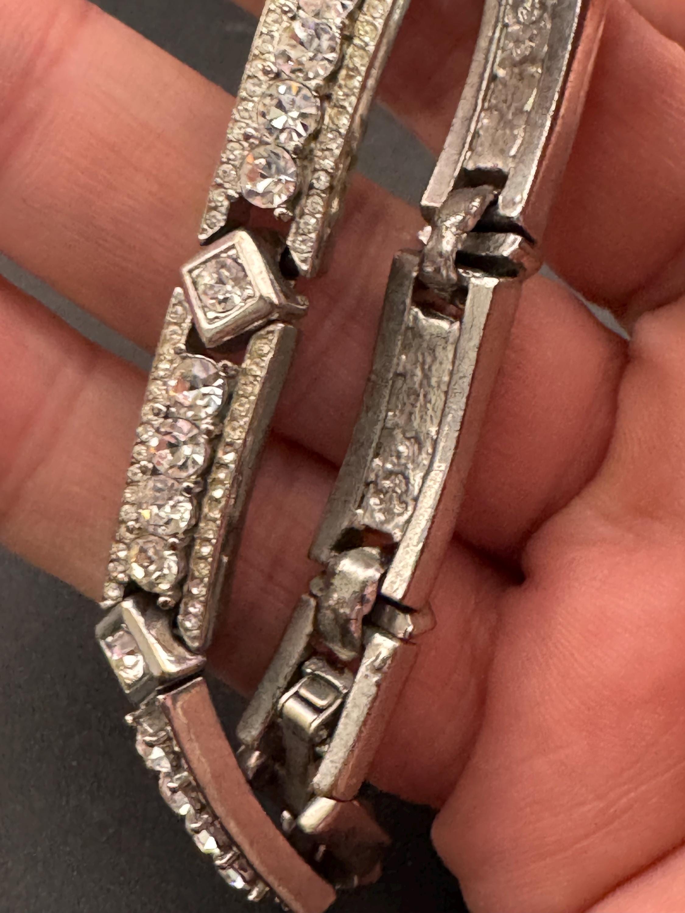 Vintage clear diamanté Crystal geometric art deco style panel link silver tone tennis bracelet