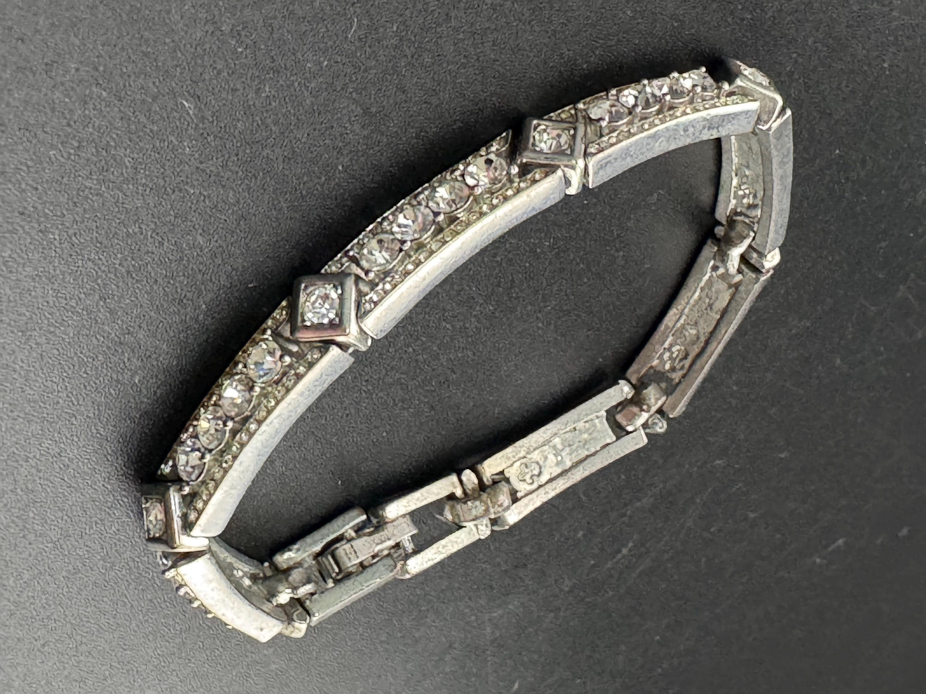 Vintage clear diamanté Crystal geometric art deco style panel link silver tone tennis bracelet