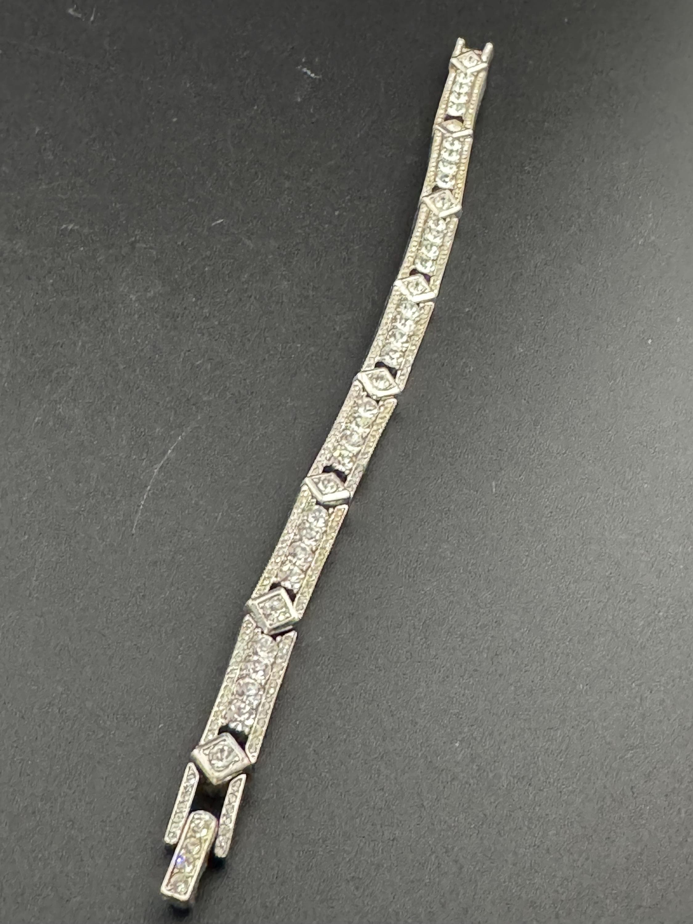 Vintage clear diamanté Crystal geometric art deco style panel link silver tone tennis bracelet