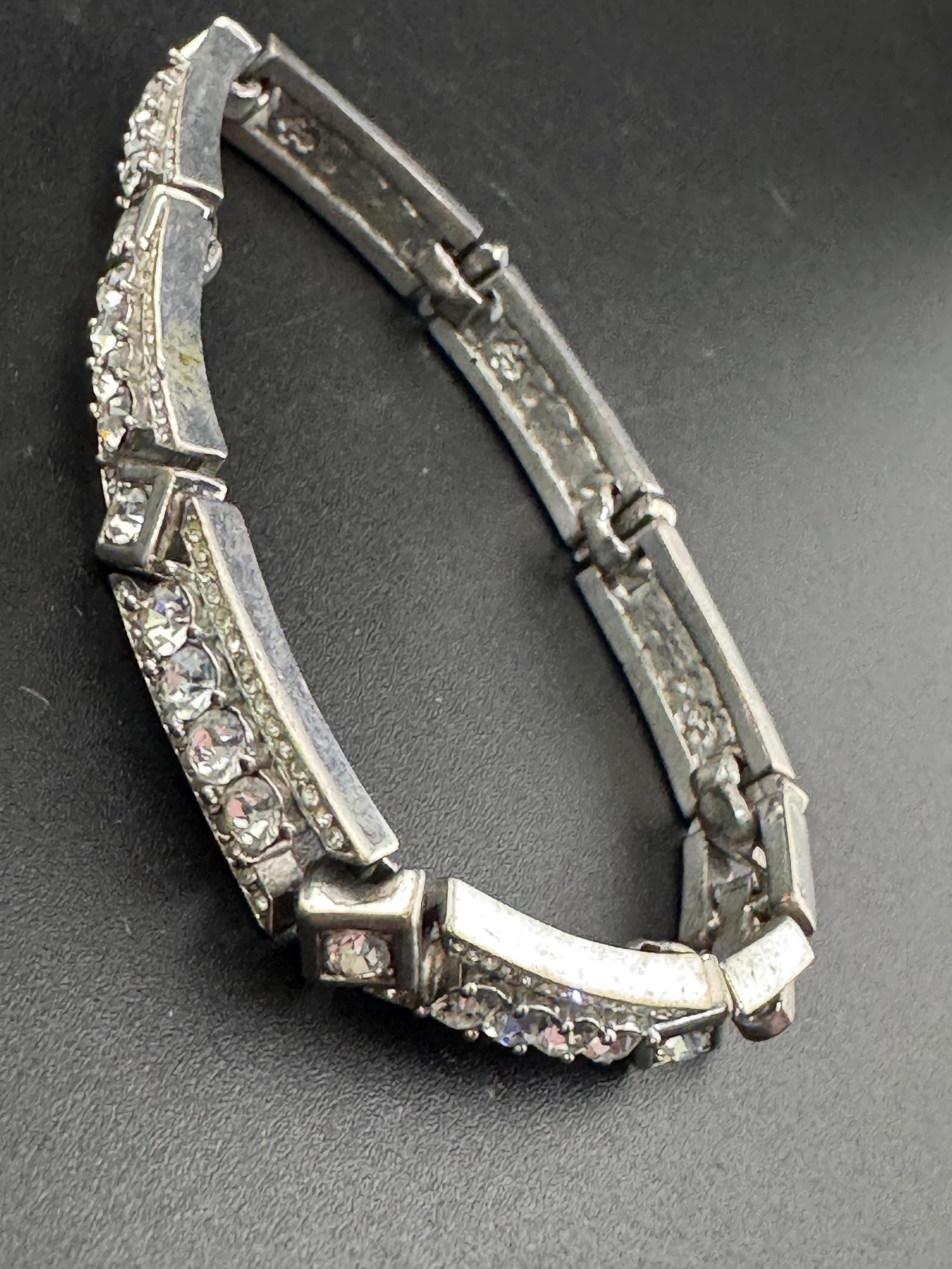 Vintage clear diamanté Crystal geometric art deco style panel link silver tone tennis bracelet
