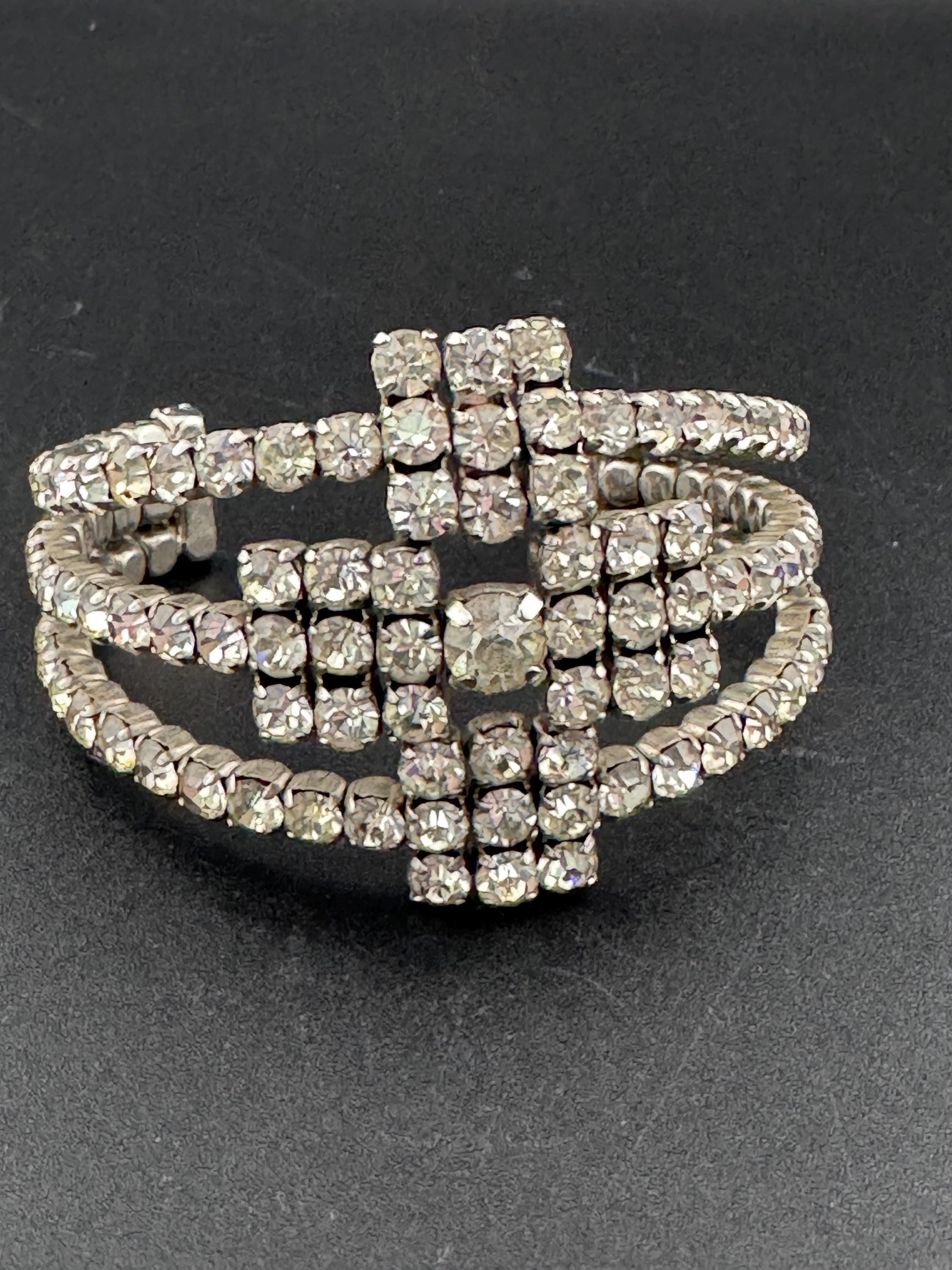Retro Art Deco Hollywood glamour style 4.5cm wide clear diamanté rhinestone open cuff bracelet silver tone
