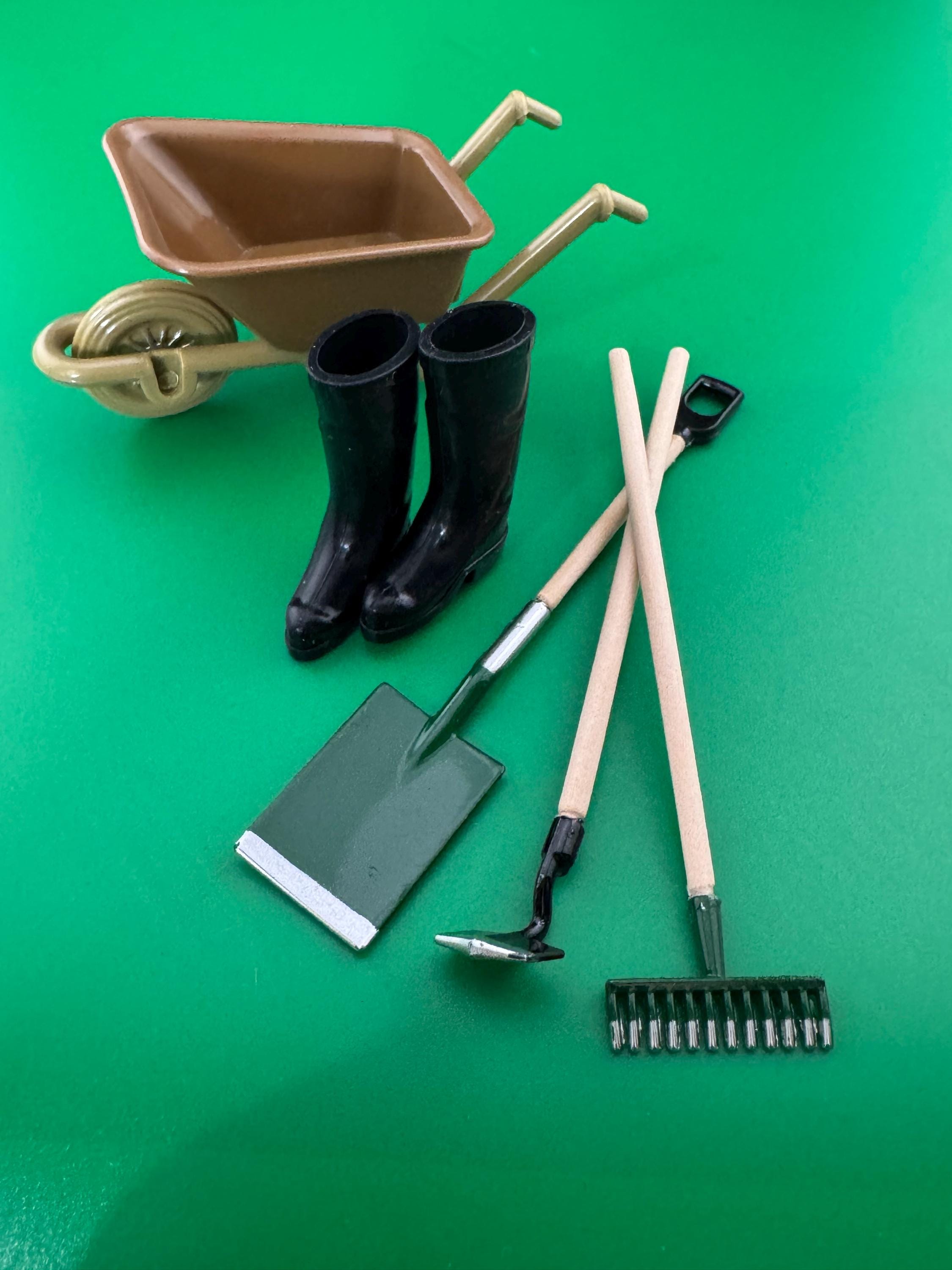 Bakers Set Miniature wheelbarrow, boots and wooden garden tools gardener cake topper decoration scenery dolls