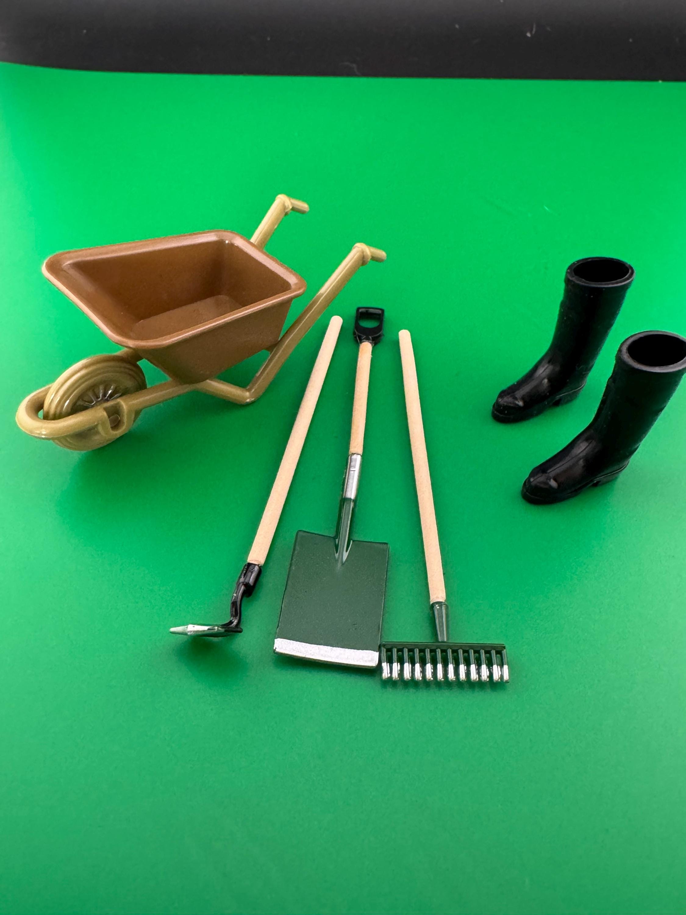 Bakers Set Miniature wheelbarrow, boots and wooden garden tools gardener cake topper decoration scenery dolls