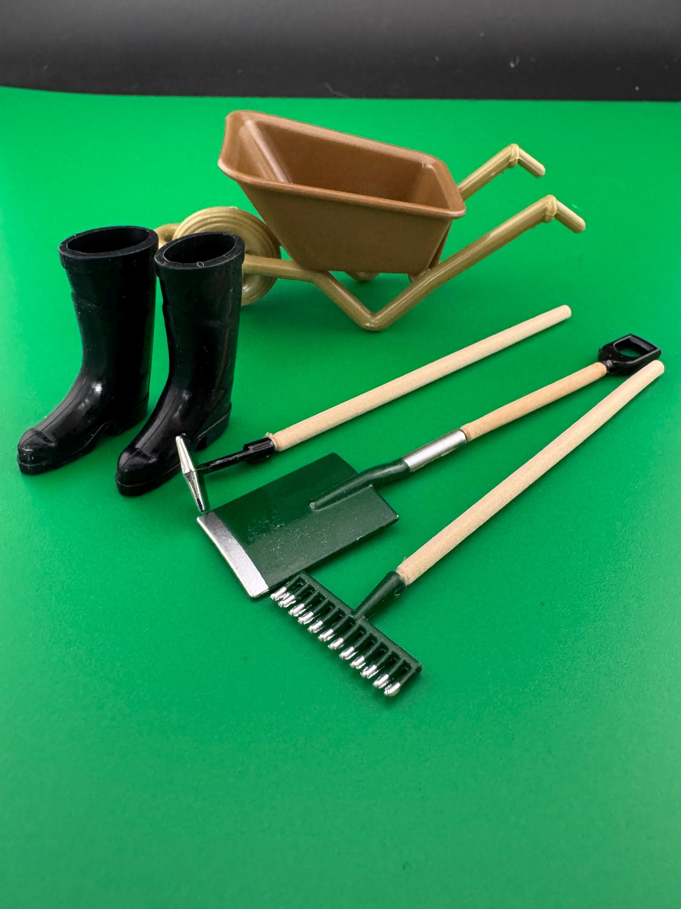 Bakers Set Miniature wheelbarrow, boots and wooden garden tools gardener cake topper decoration scenery dolls