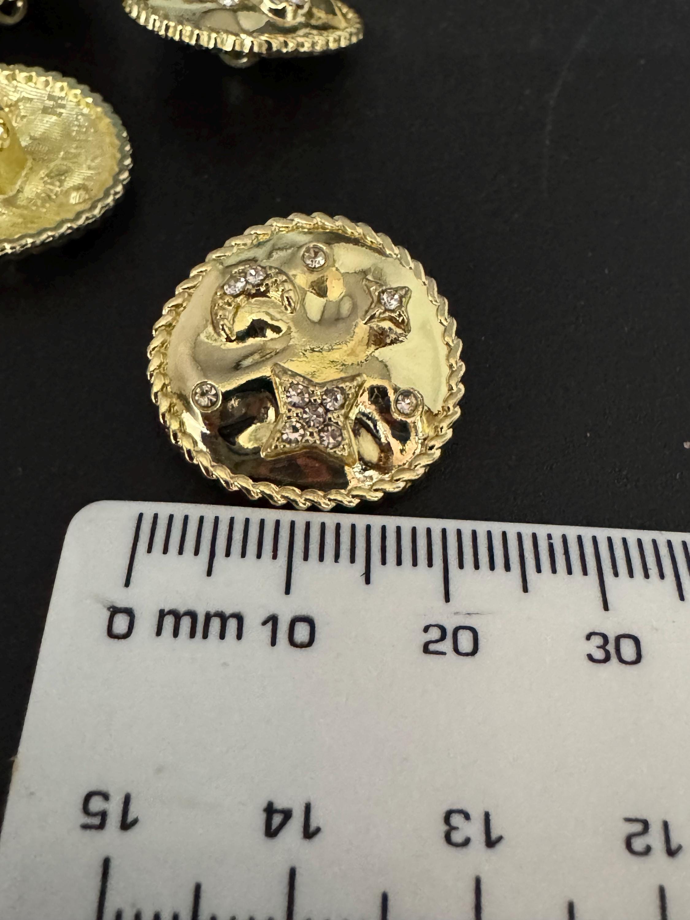 Set of 5 pc 17mm or 22mm crystal moon and star diamanté buttons, metal shank, celestial, glossy gold tone metal