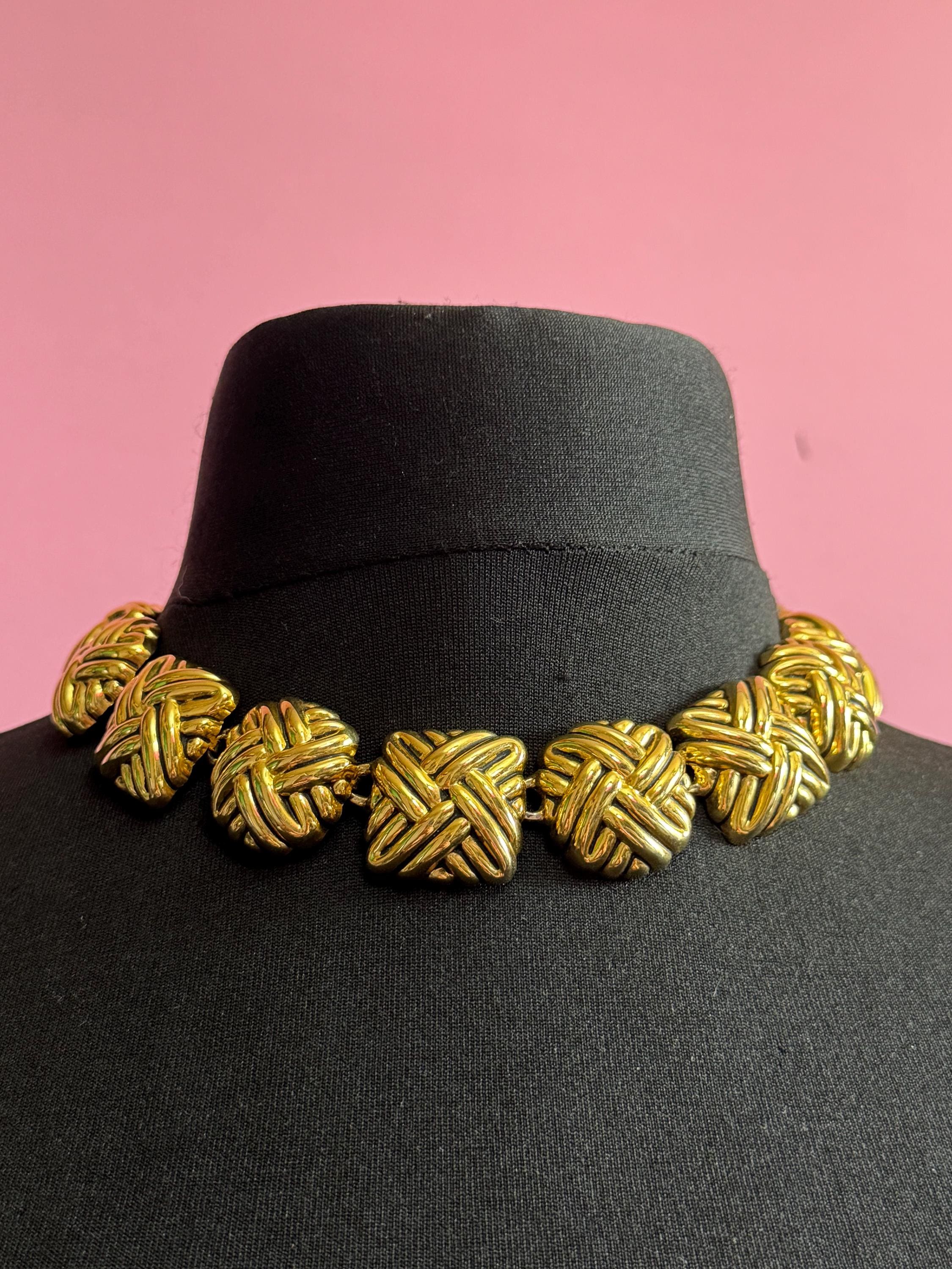 80s retro gold tone puffy wide link collar choker necklace curb chain link 45cm nautical style