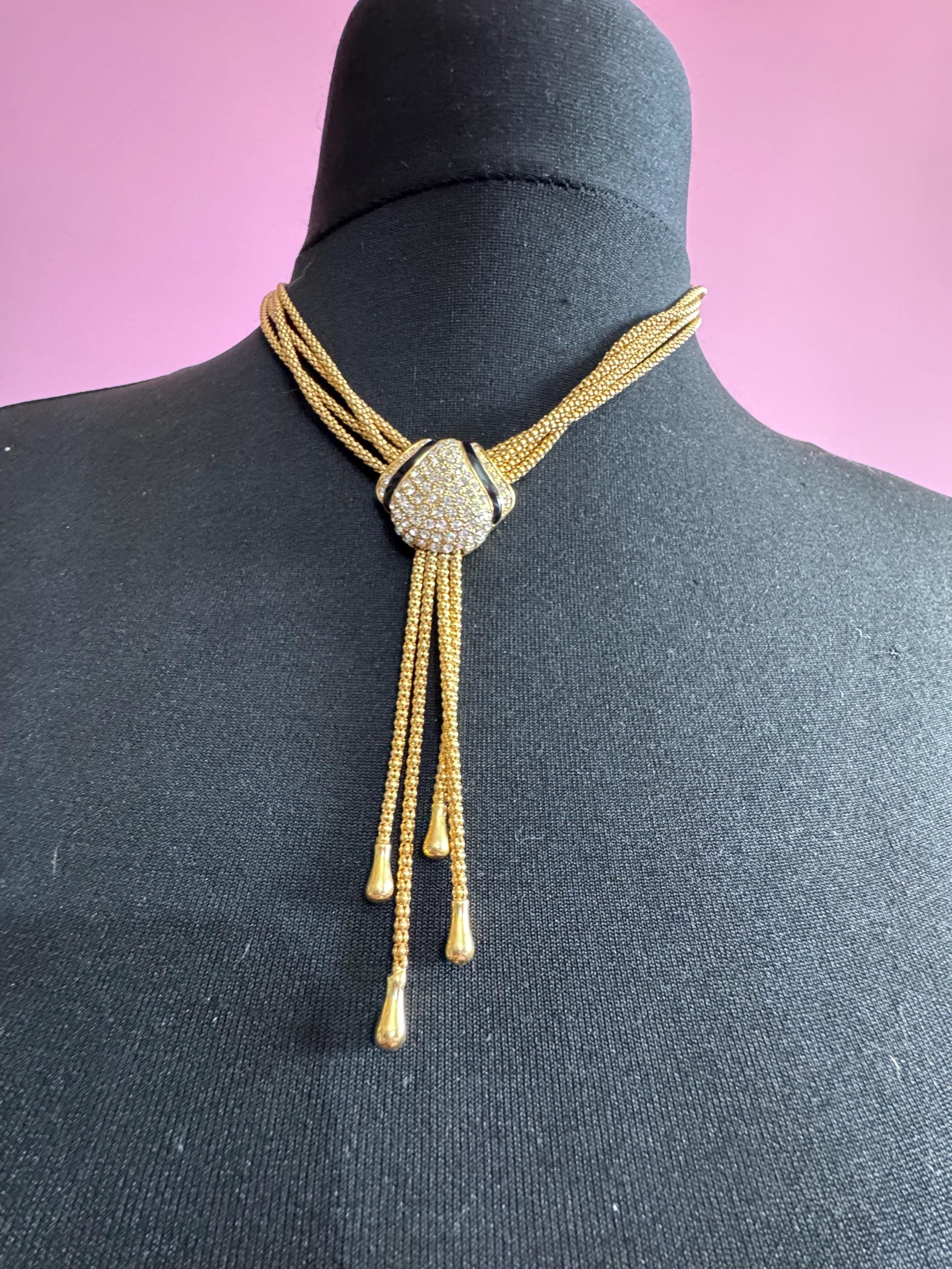 High end gold tone clear crystal and black enamel tassel drop necklace 45cm