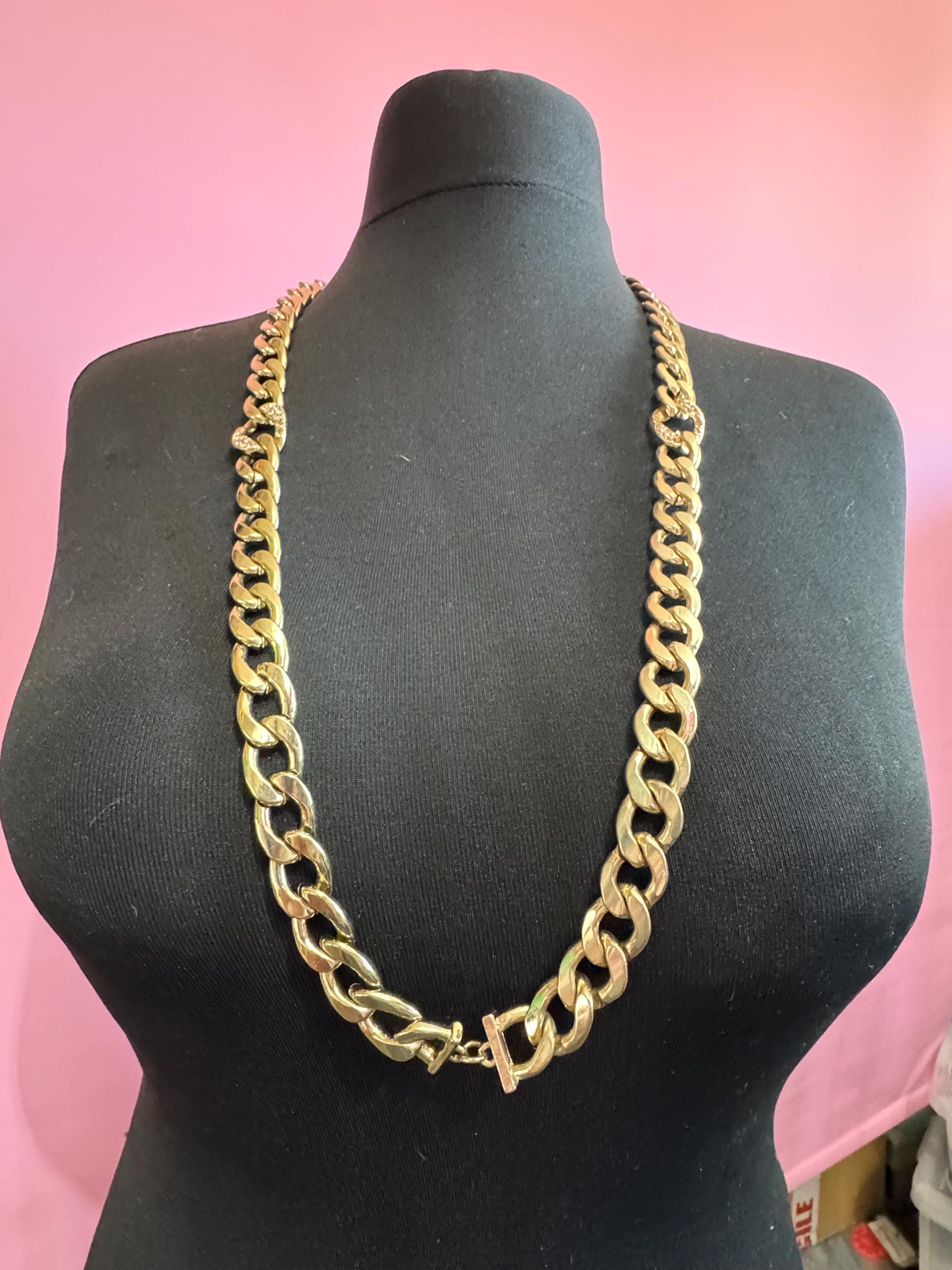 93cm long retro chunky gold tone heavy curb chain necklace set with pink crystals and snaffle detail, ideal for layering