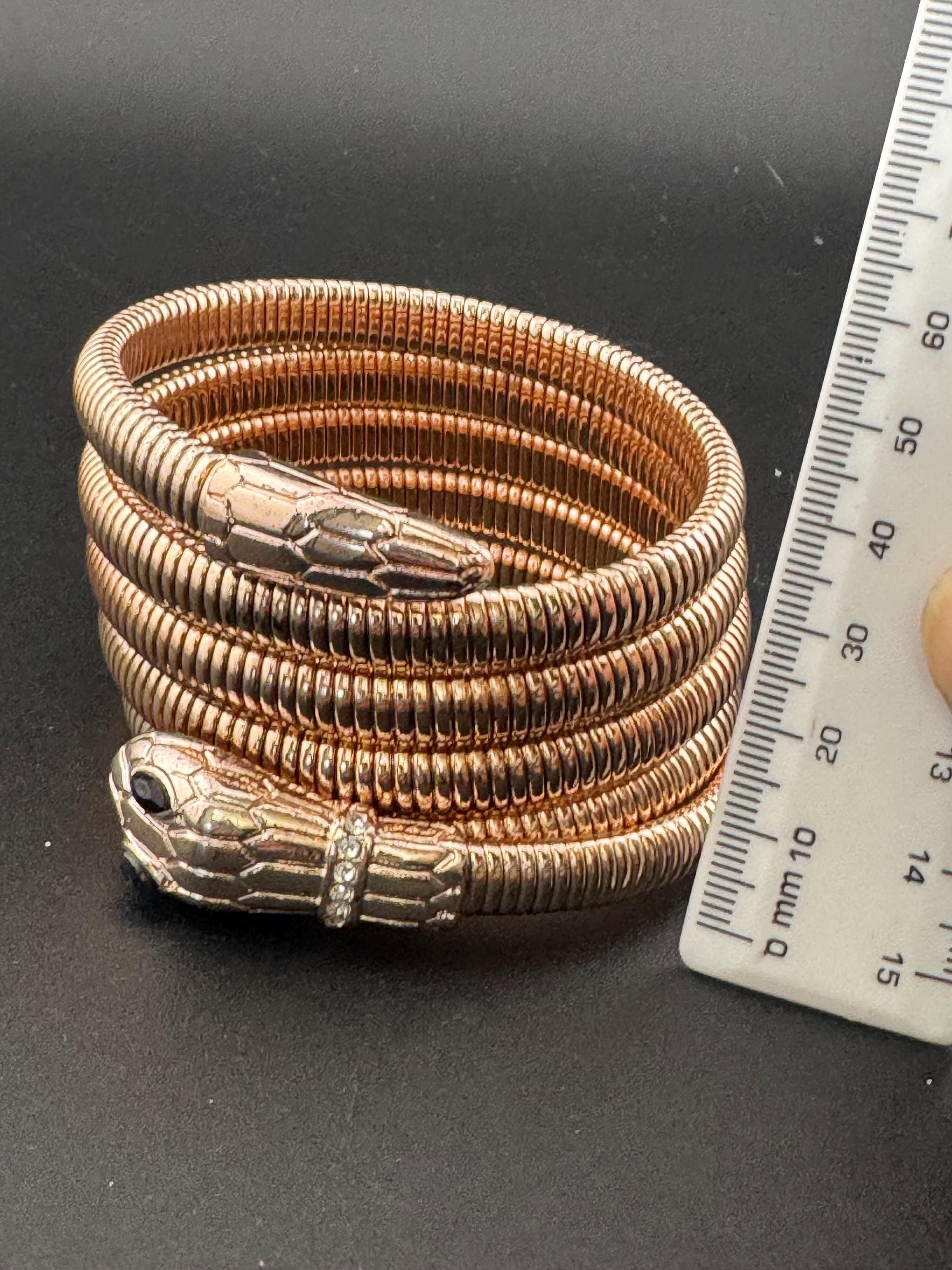 Retro copper tone omega chain black diamanté snake bangle with clear crystal diamanté stones