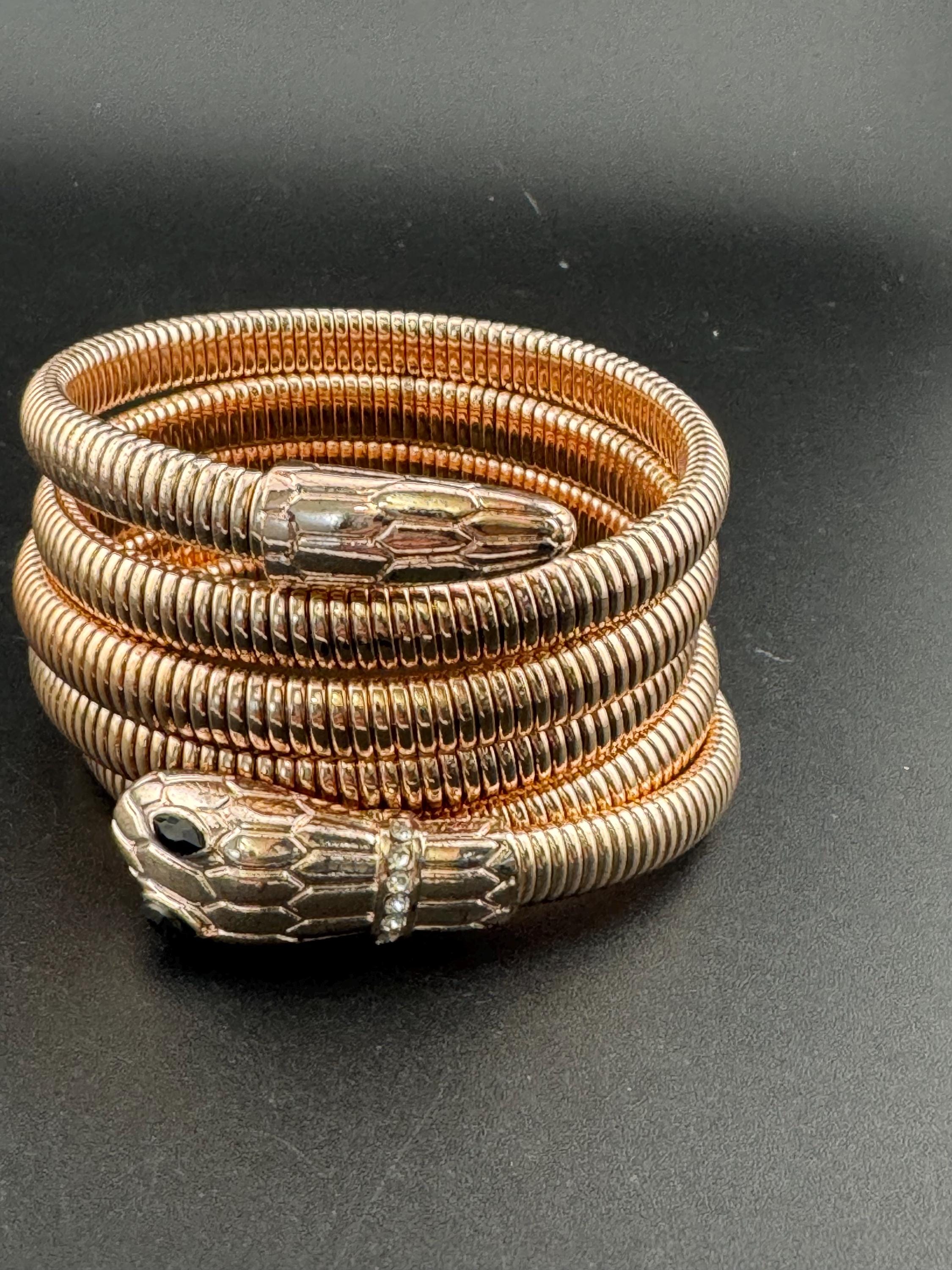 Retro copper tone omega chain black diamanté snake bangle with clear crystal diamanté stones