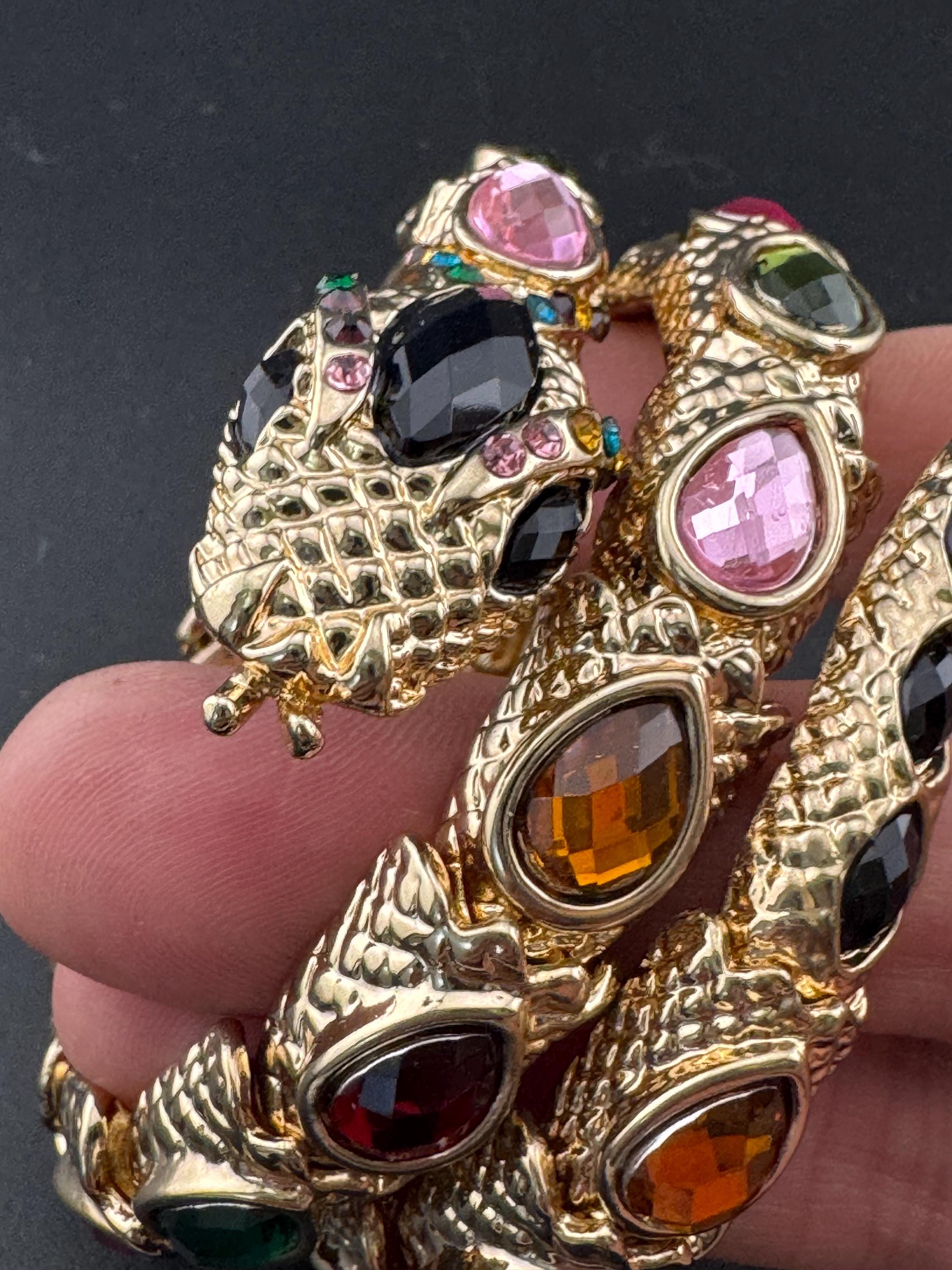 Retro bright gold tone coiled diamanté snake bangle with rainbow teardrop crystal diamanté stones