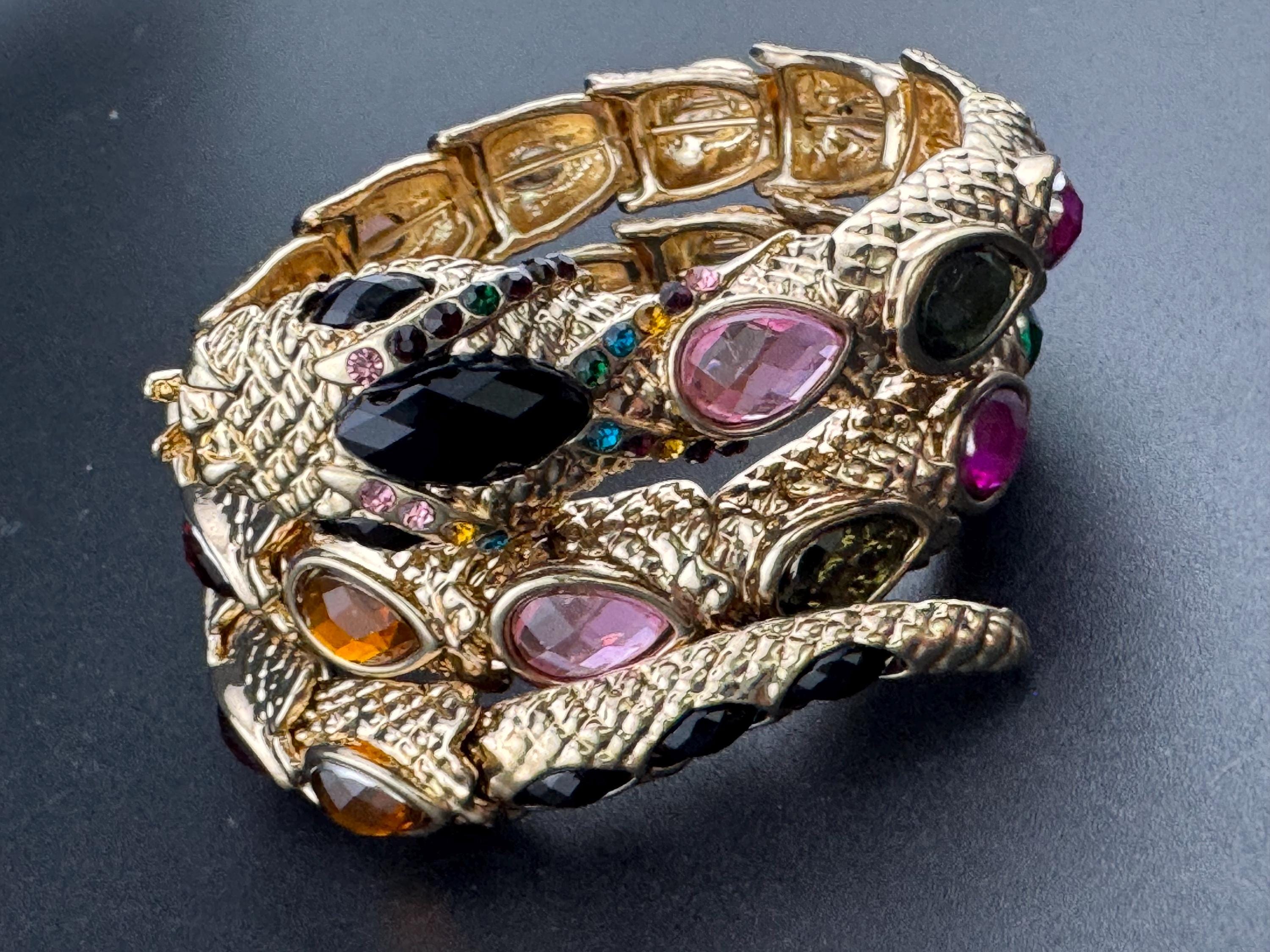 Retro bright gold tone coiled diamanté snake bangle with rainbow teardrop crystal diamanté stones