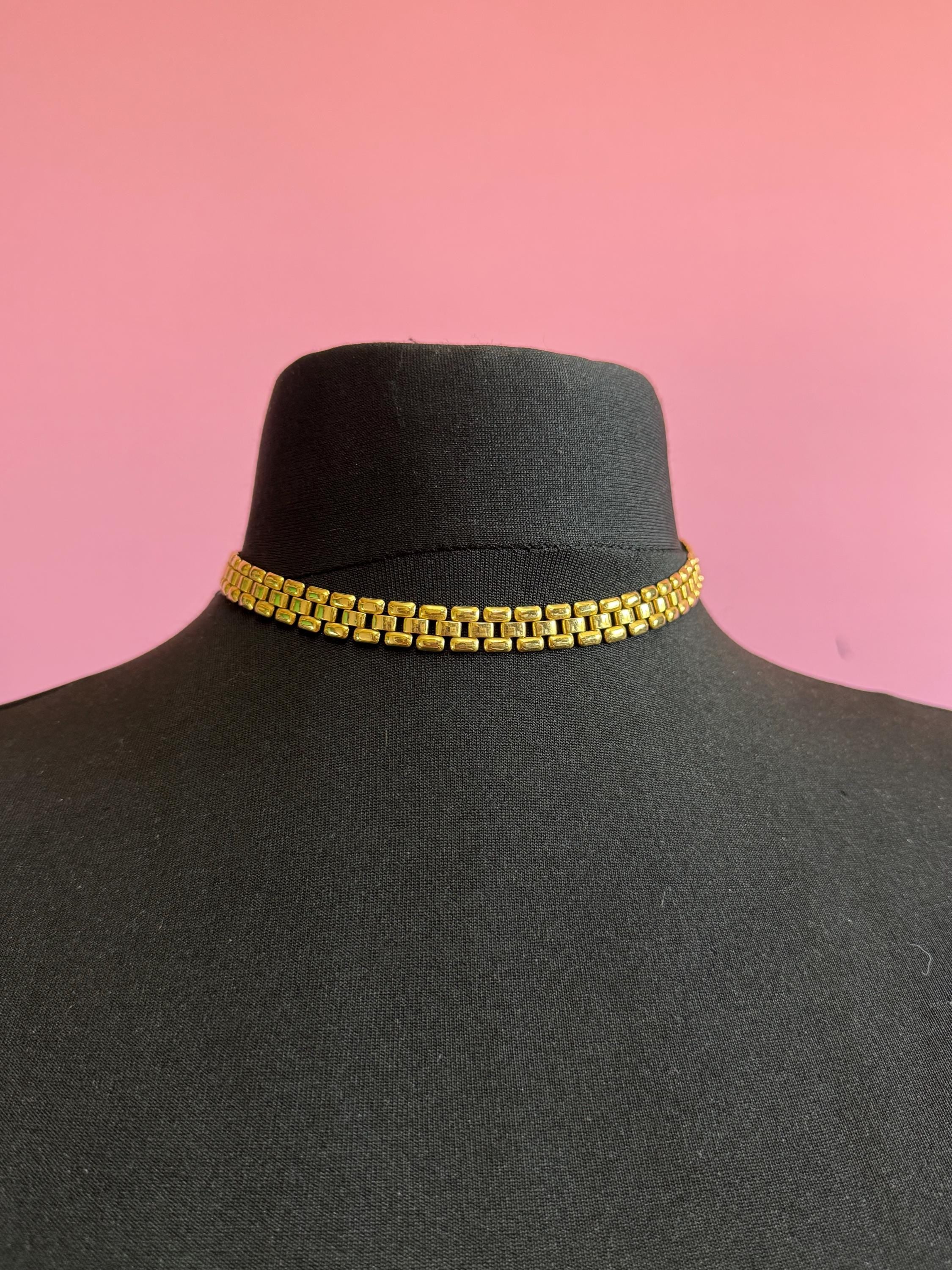 Retro 1980s slim panther link gold tone choker necklace