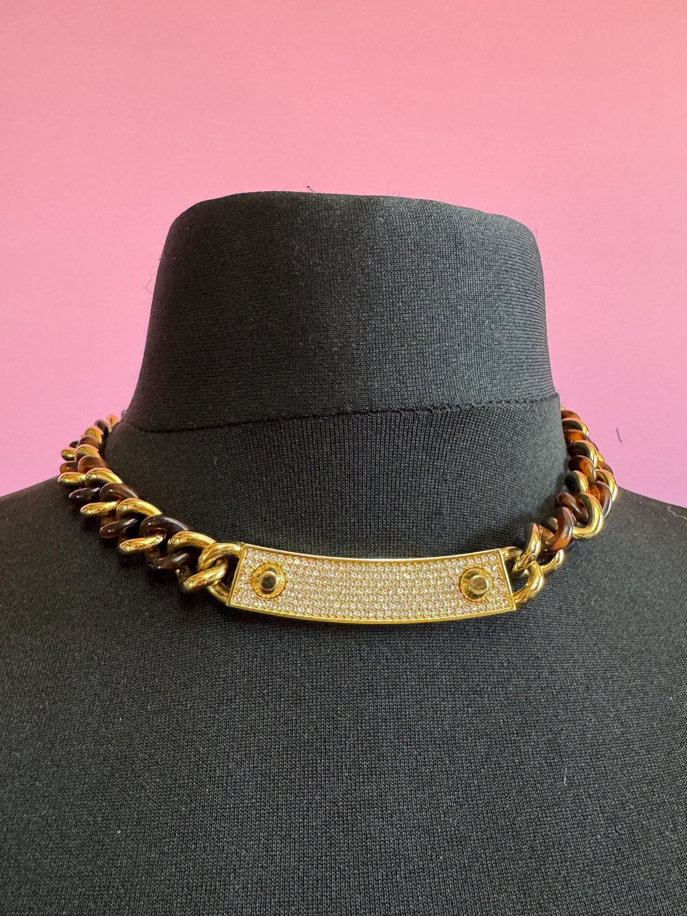 retro 90s Michael kors brown faux tortoiseshell gold tone pave crystal set choker necklace reversible 45cm