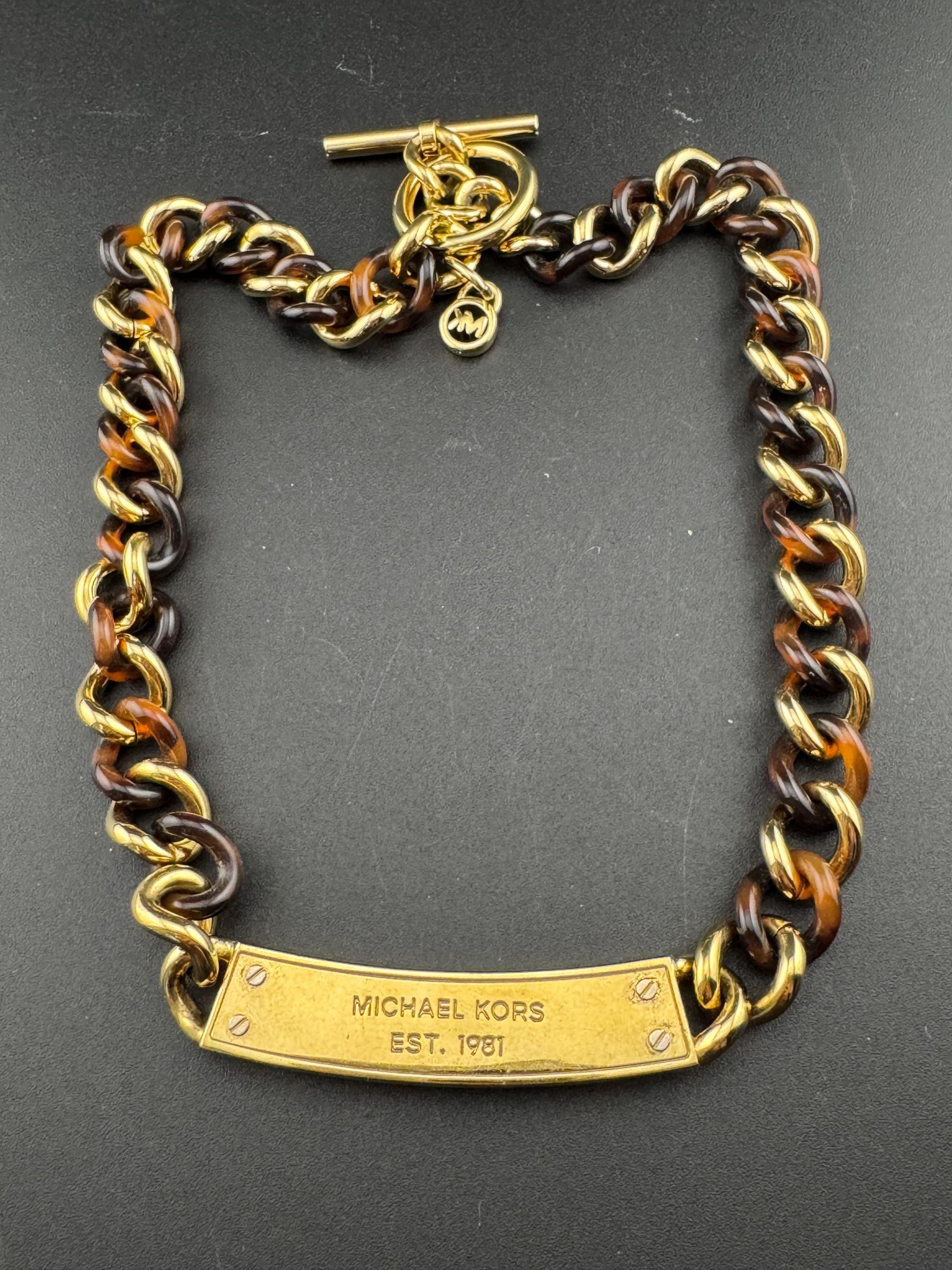 retro 90s Michael kors brown faux tortoiseshell gold tone pave crystal set choker necklace reversible 45cm