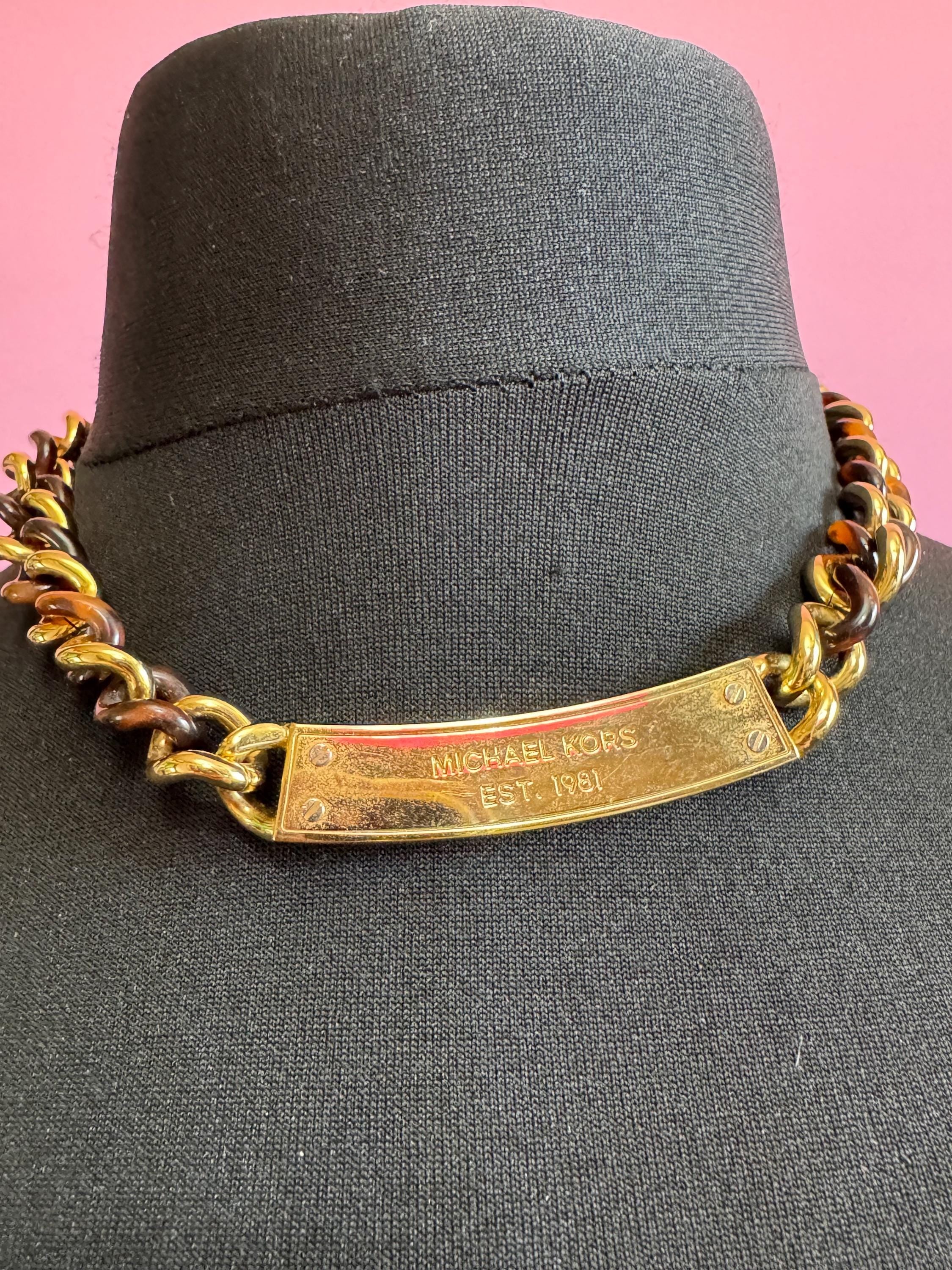 retro 90s Michael kors brown faux tortoiseshell gold tone pave crystal set choker necklace reversible 45cm
