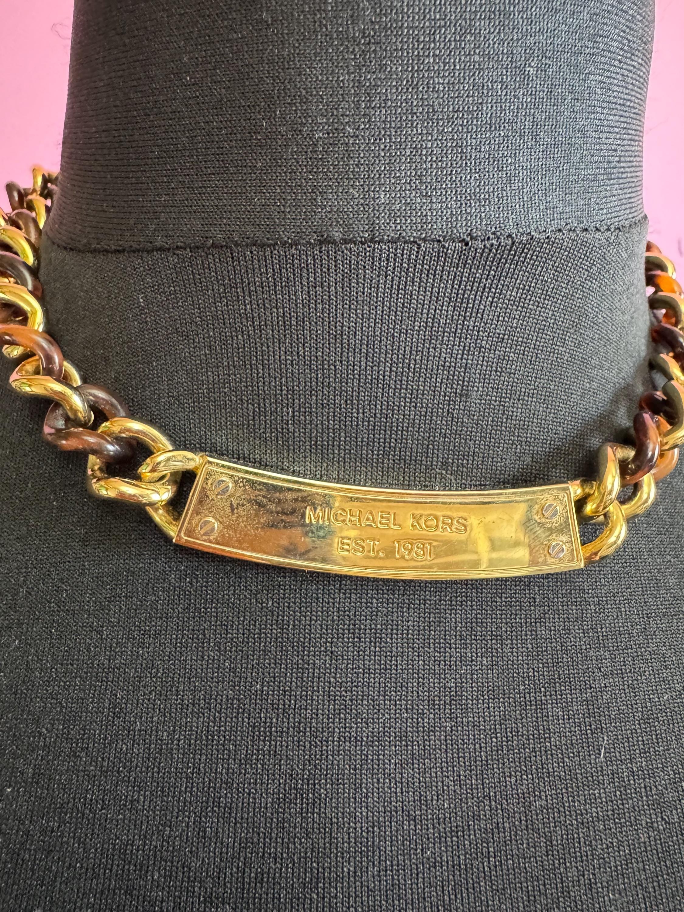 retro 90s Michael kors brown faux tortoiseshell gold tone pave crystal set choker necklace reversible 45cm