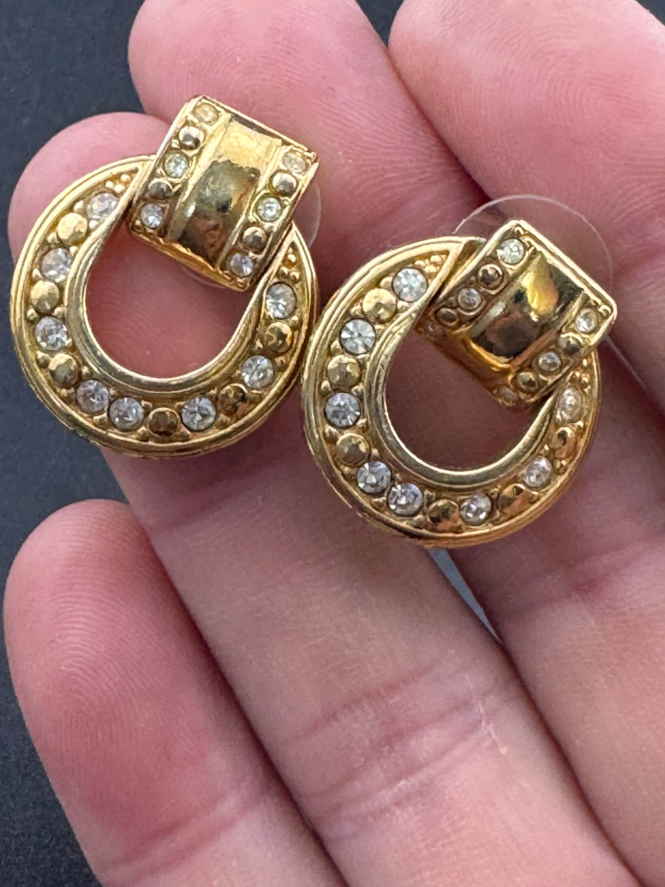 Vintage gold tone clear  diamanté door knocker pierced earrings