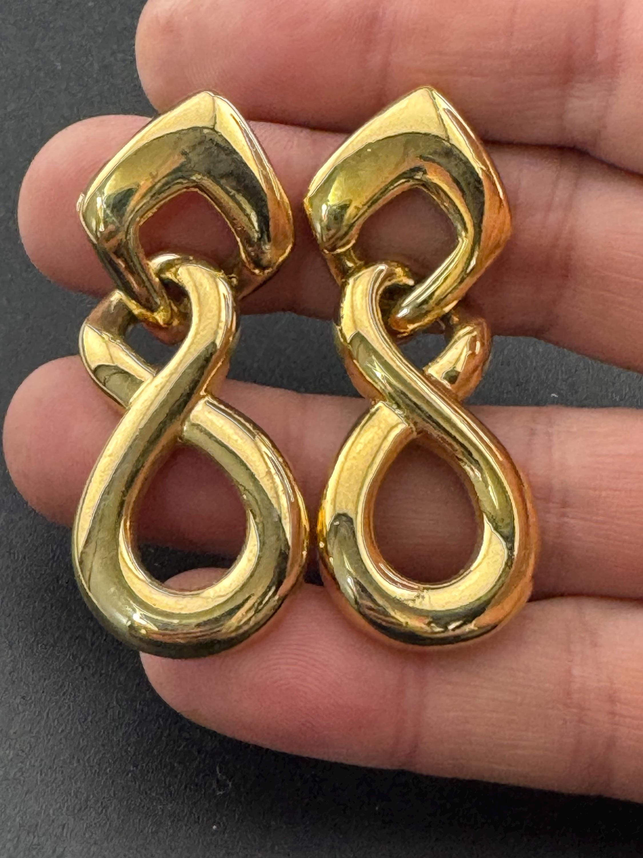 Vintage gold tone 1980s long drop door knocker earrings for pierced ears