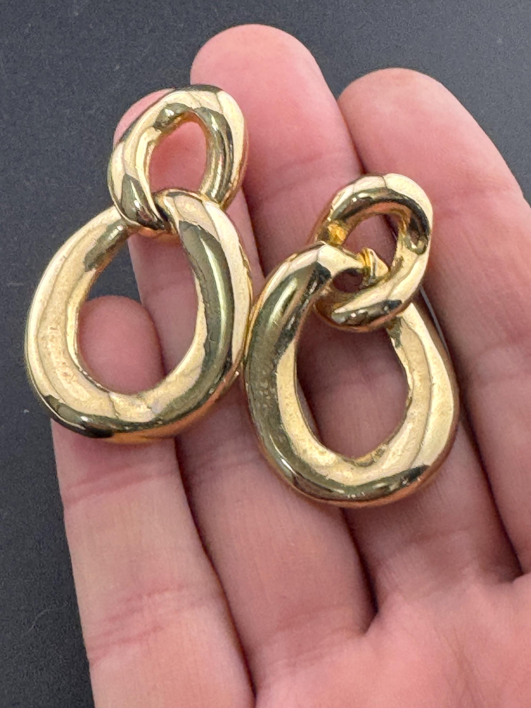 Vintage gold tone 1980s long drop curb chain link door knocker earrings for pierced ears
