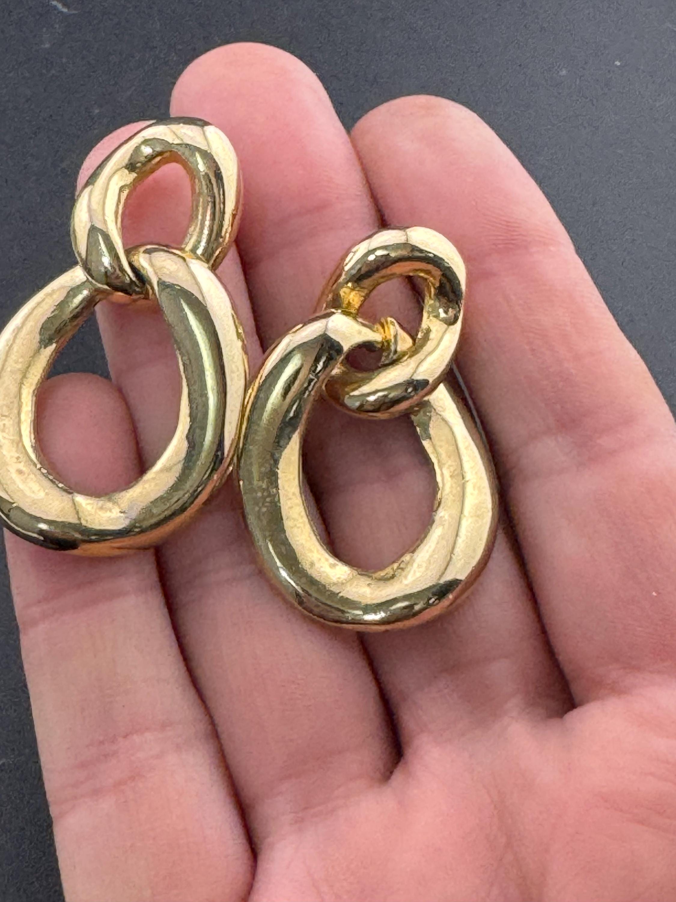 Vintage gold tone 1980s long drop curb chain link door knocker earrings for pierced ears