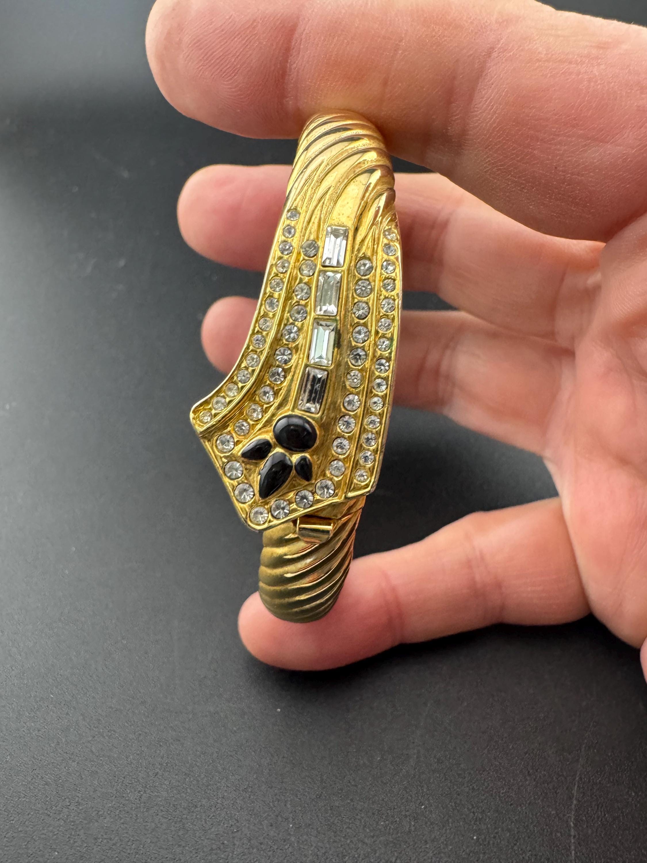 Retro clear diamanté crystal and black enamel hinged clamper bangle with baguette paste