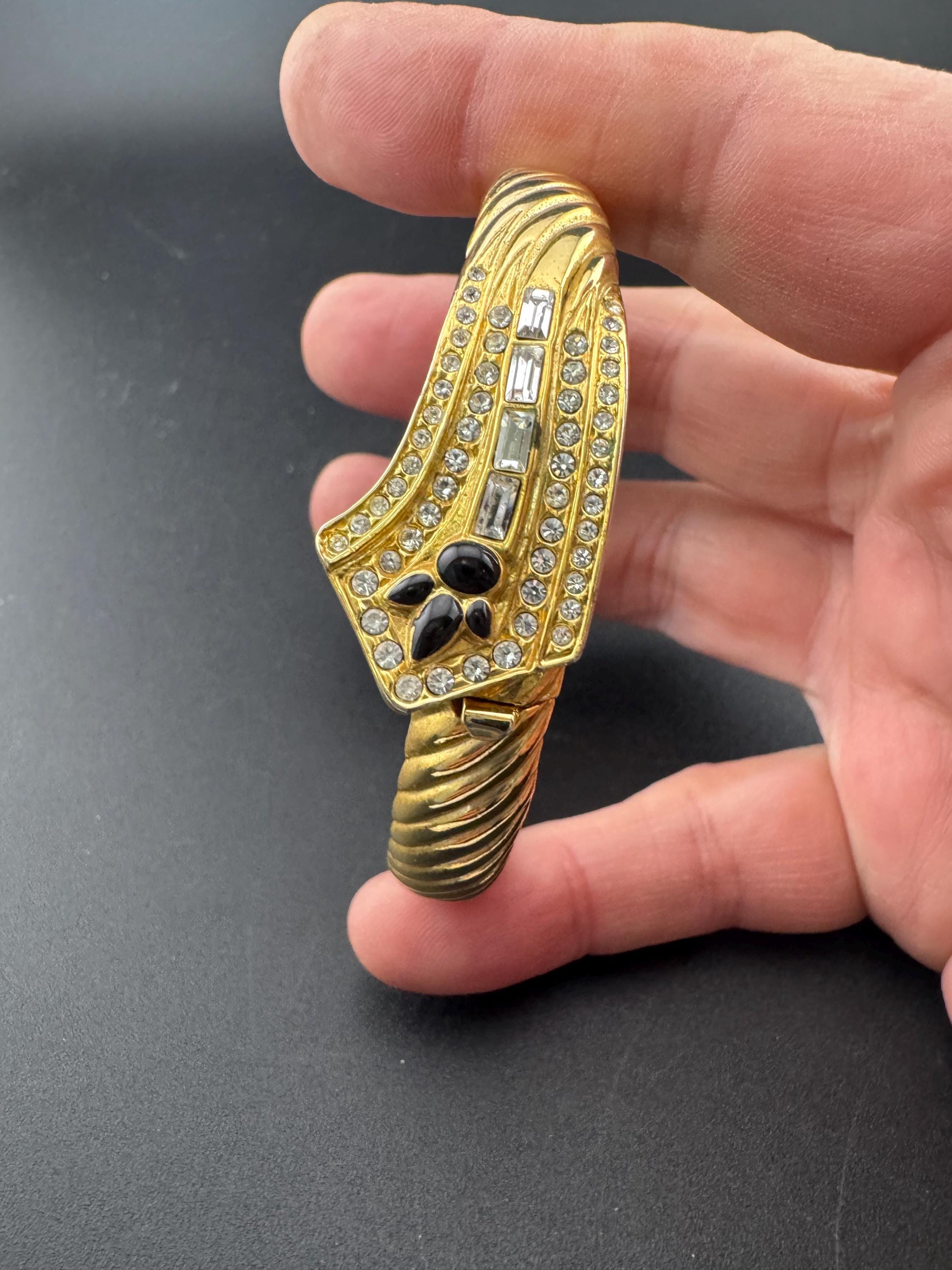 Retro clear diamanté crystal and black enamel hinged clamper bangle with baguette paste