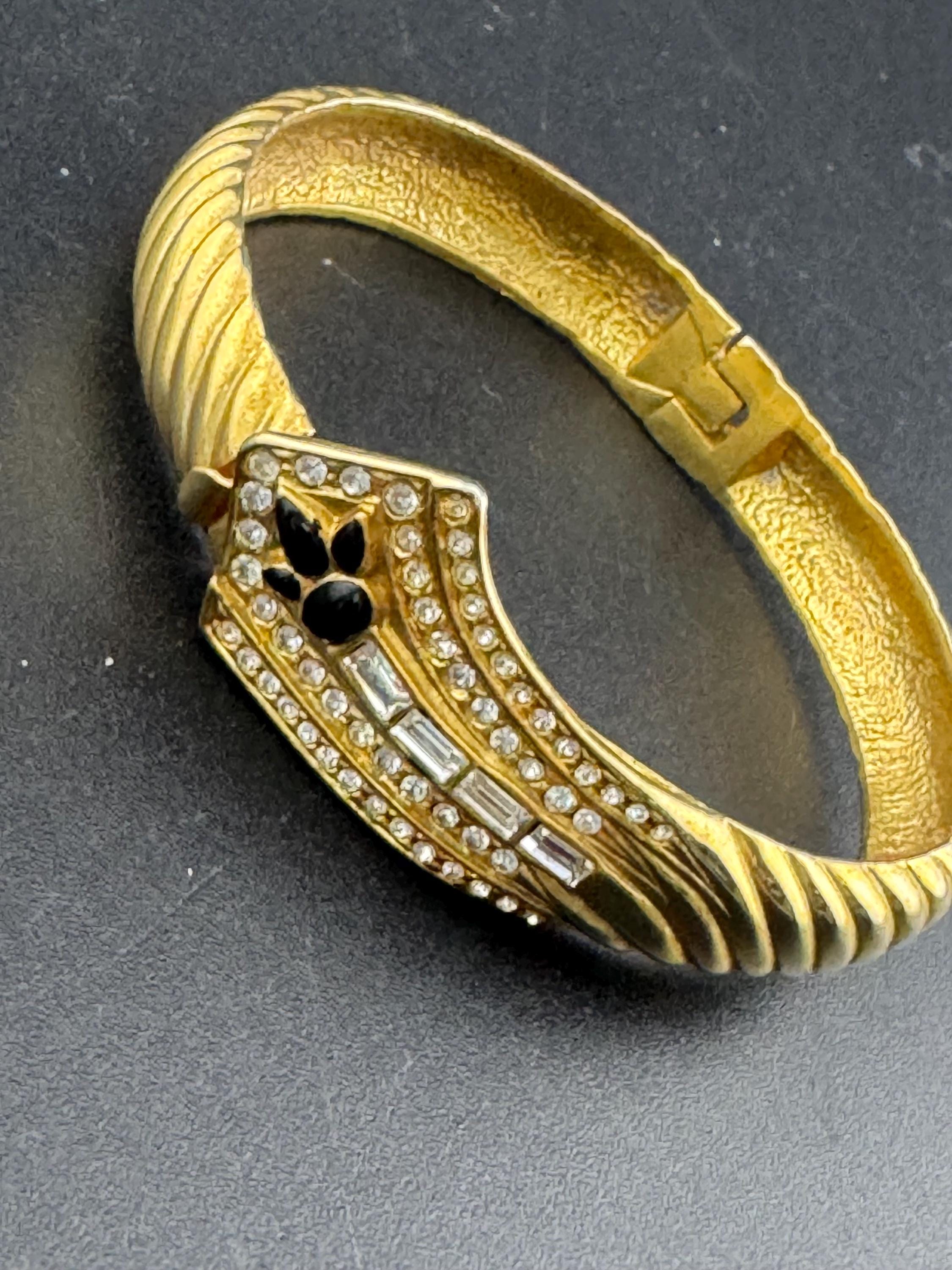 Retro clear diamanté crystal and black enamel hinged clamper bangle with baguette paste