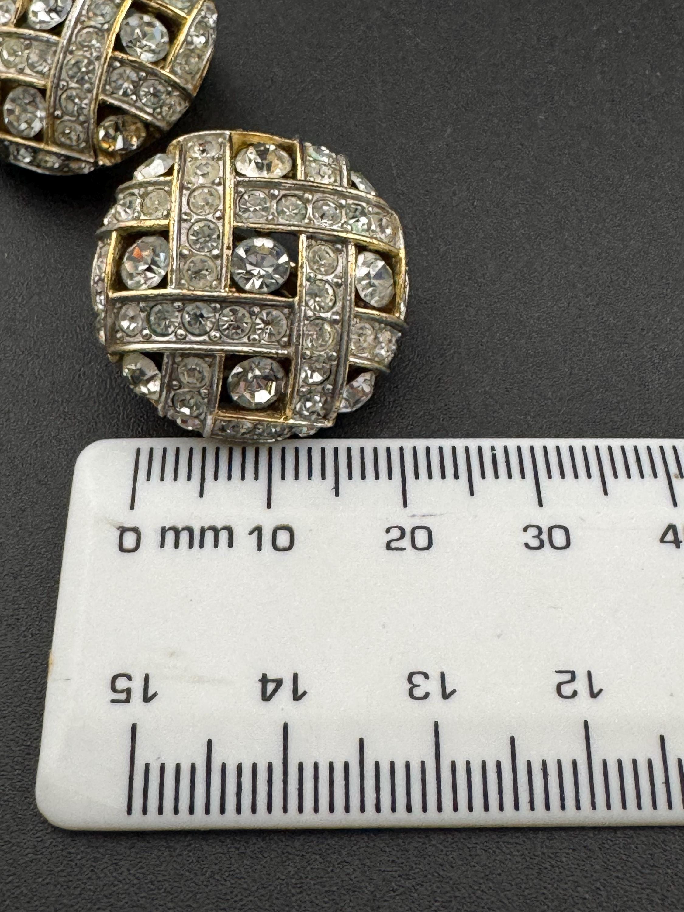 Vintage diamanté Clip On round stud Earrings gold Tone 2cm high end