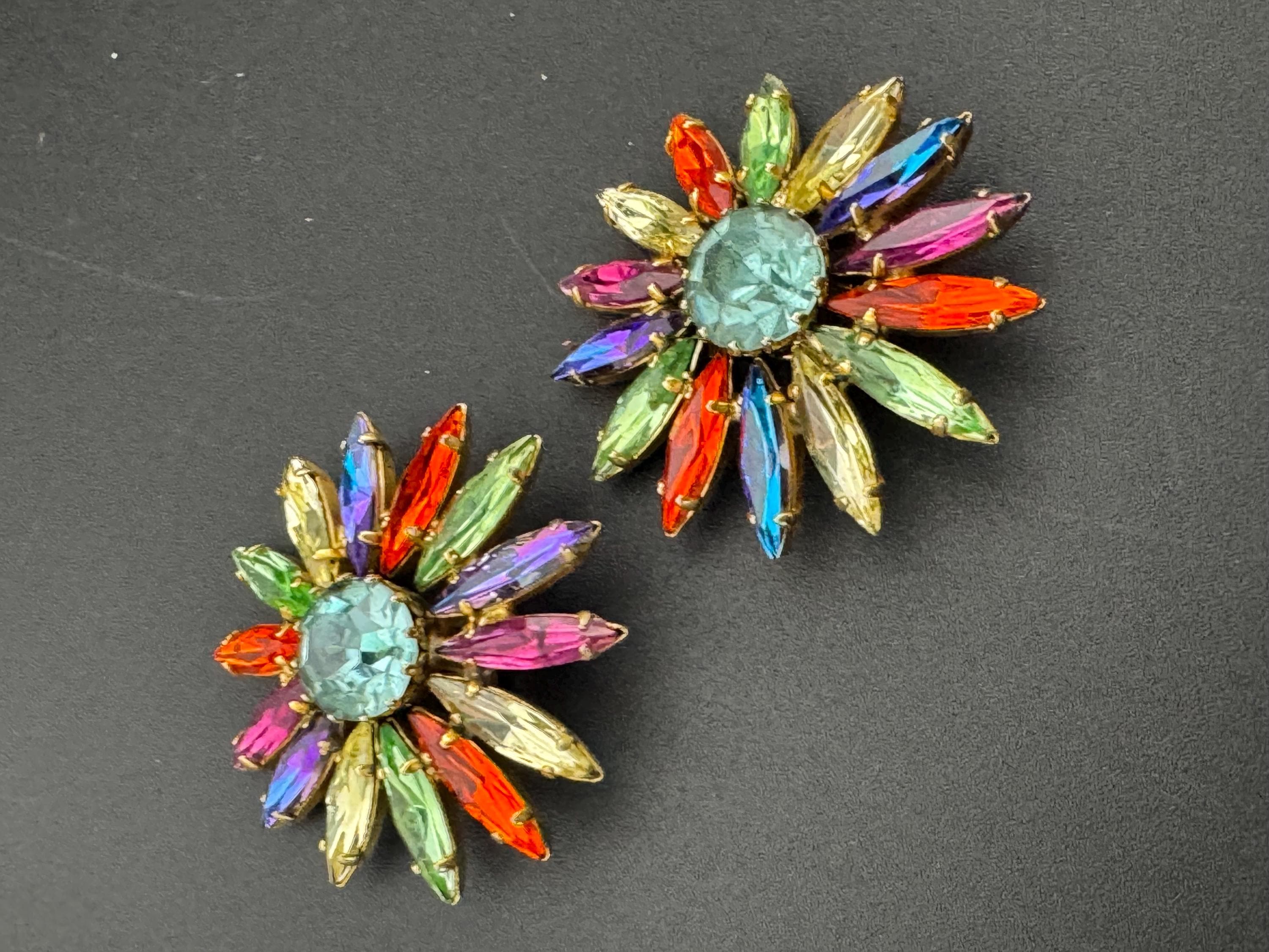 Vintage Oversized rainbow diamanté Clip On starburst floral clip on Earrings gold Tone 4cm