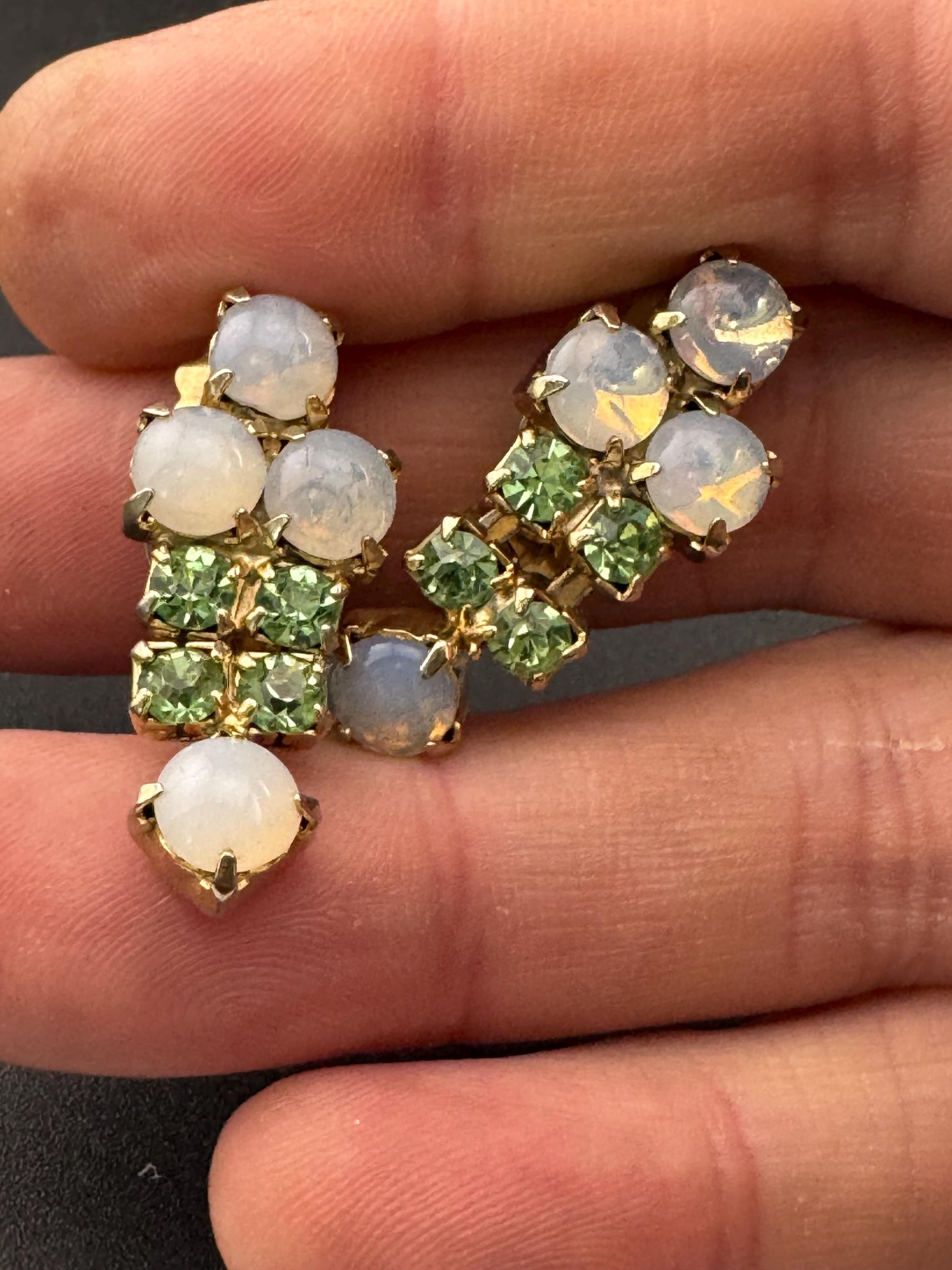 Vintage  light green rhinestone and  faux opaline gold tone diamanté drop Clip On Earrings