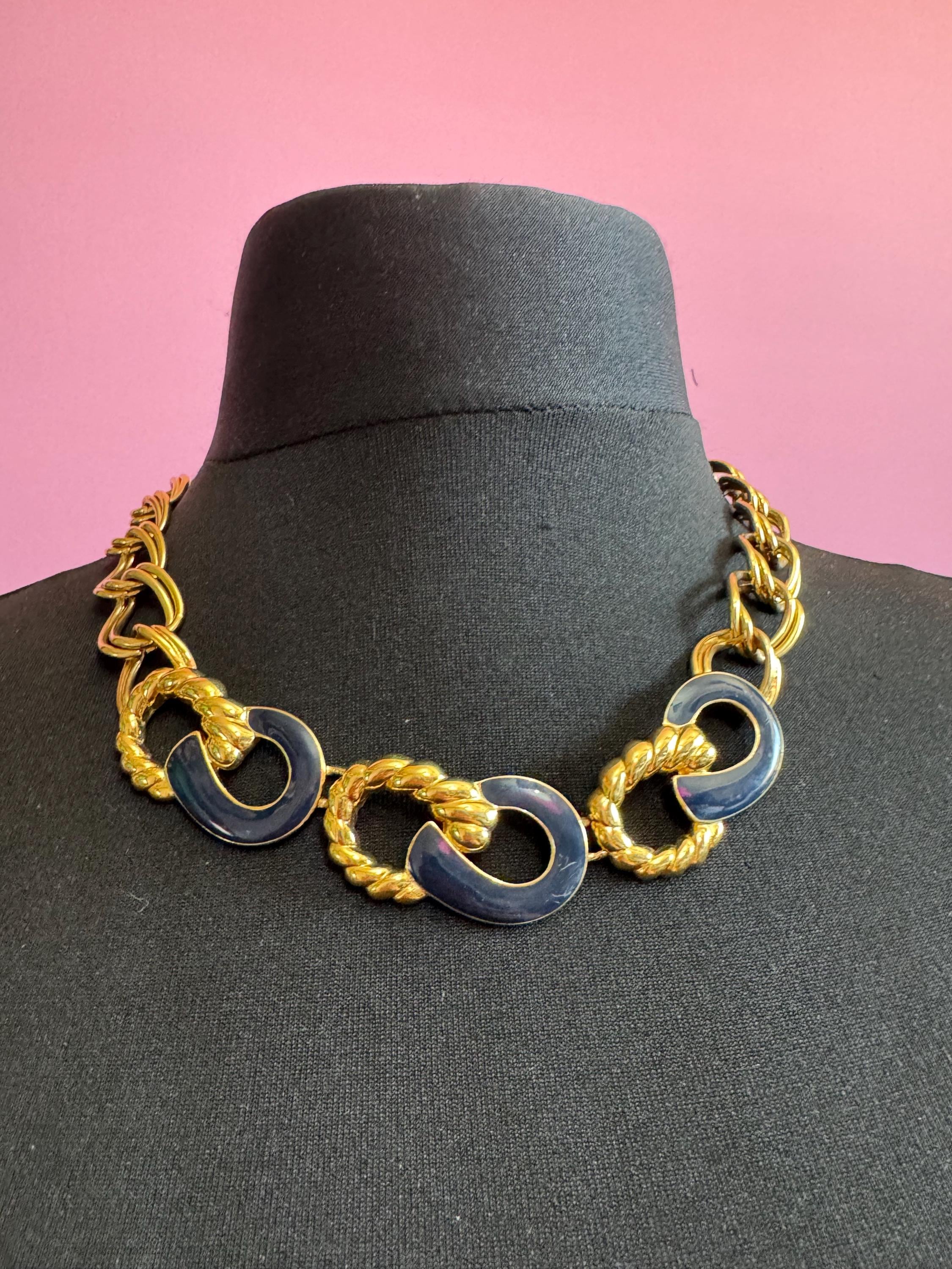 Vintage high end gold tone navy blue enamel collar necklace 54cm,  nautical style